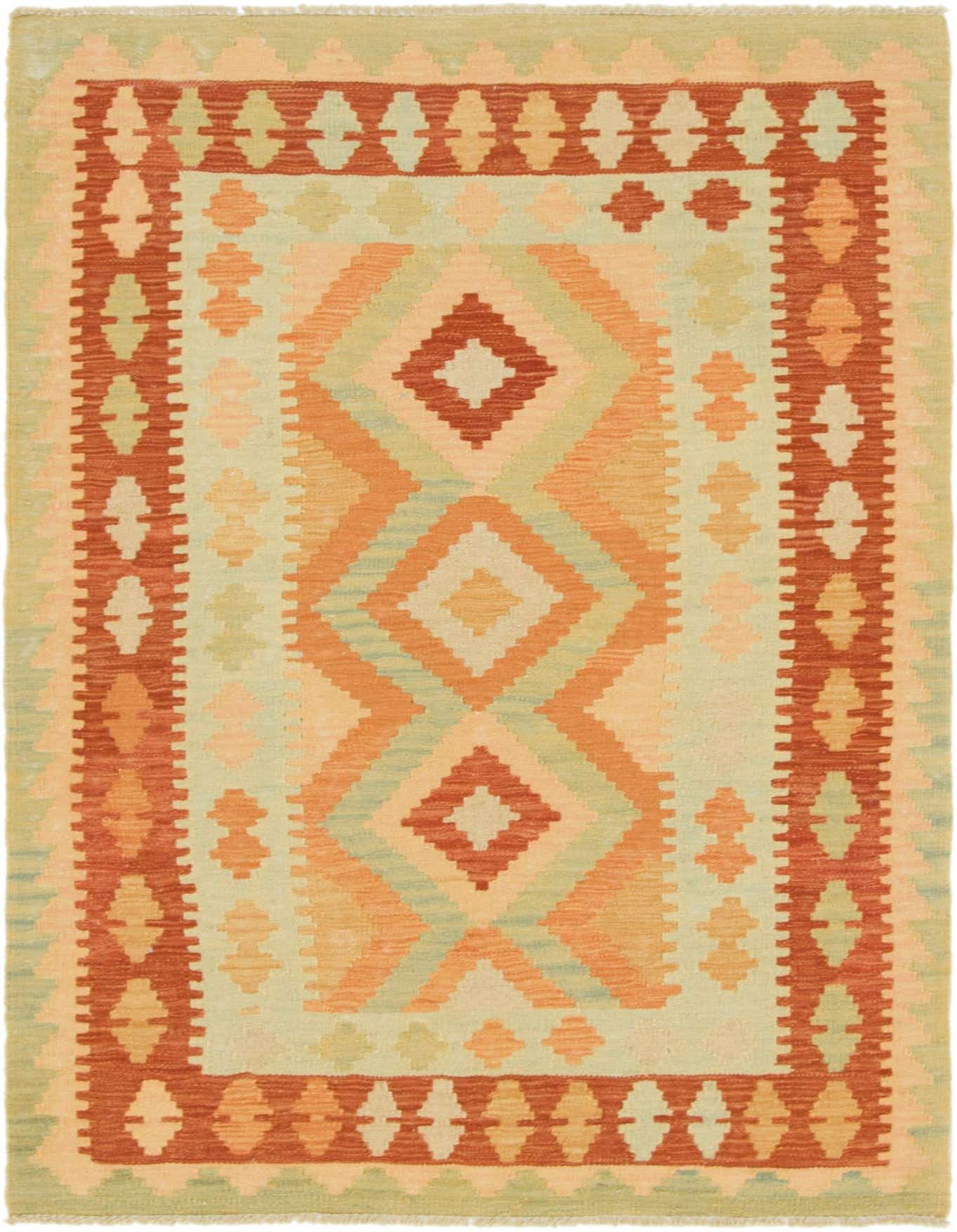 A 3x5 rectangular Kilim Waziri rug featuring a Southwestern geometric pattern in shades of orange, green, and brown.