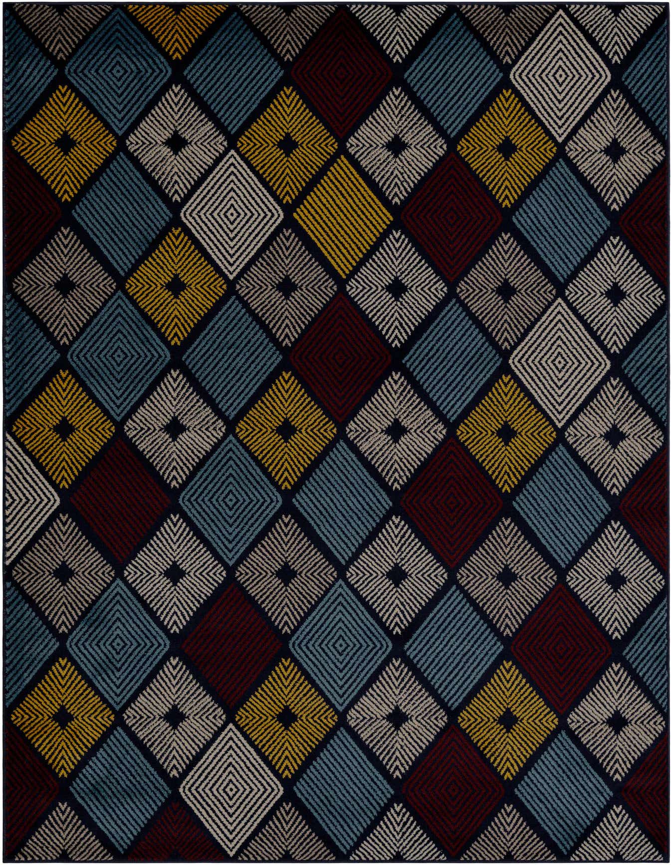 A 6x9 rectangular multi-colored modern trellis rug with a thin pile, featuring diamonds in blue, gold, burgundy, and cream on a dark background.