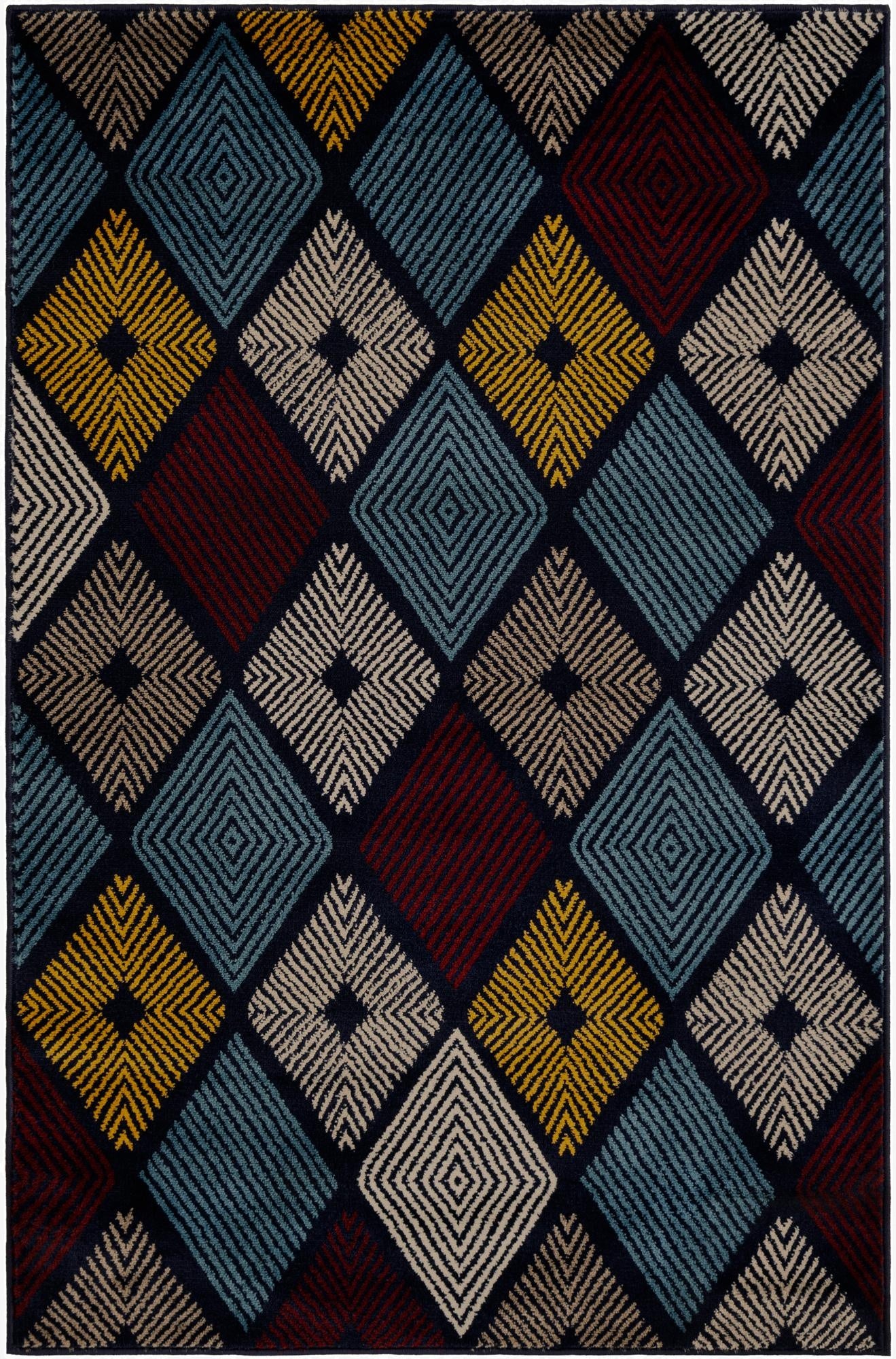 A 4x6 multi-colored rectangular rug with a modern trellis pattern featuring diamonds in blue, red, yellow, and beige on a dark background.