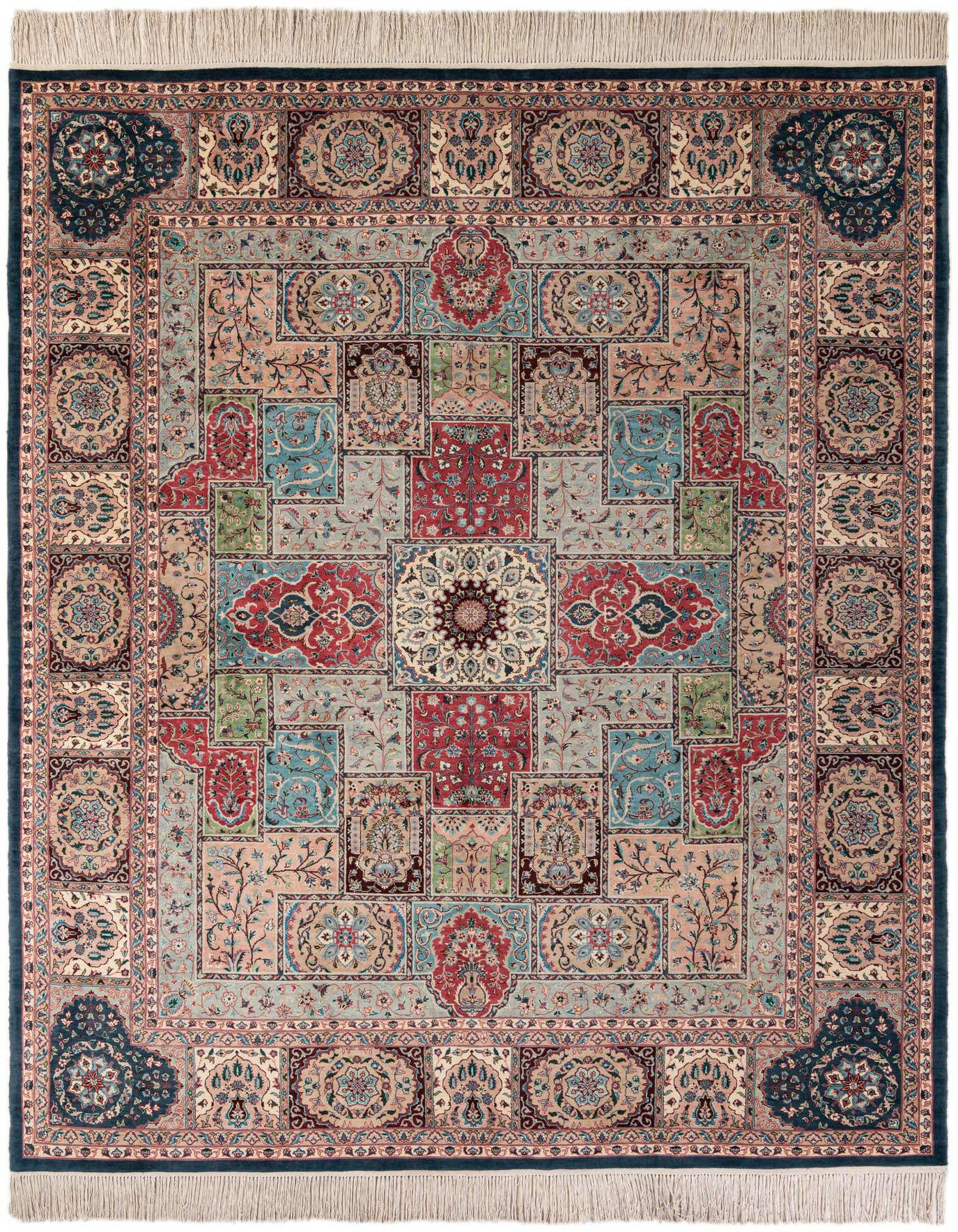 A vibrant 8x11 multi-colored rectangular wool rug featuring a traditional Oriental pattern with intricate floral motifs and a detailed border.