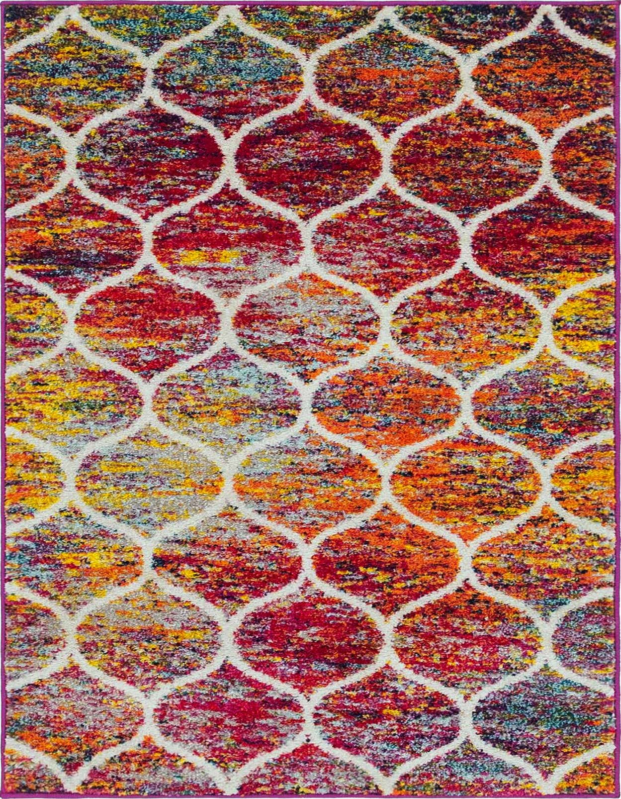 A vibrant 3x5 multi-colored rectangular rug with a modern white trellis pattern, ideal for a kitchen or entryway.