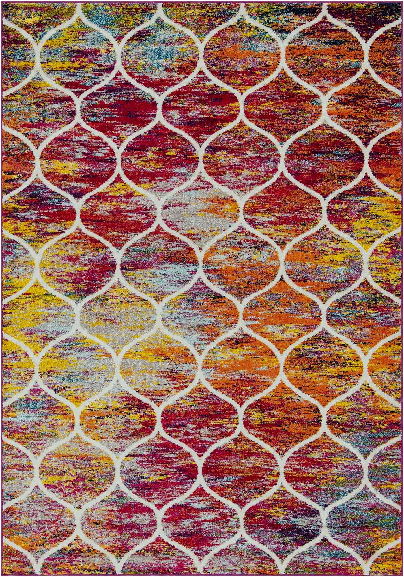 A 7x10 rectangular multi-colored modern trellis rug with an abstract pattern in shades of red, orange, yellow, blue, and purple, featuring a prominent white lattice design.
