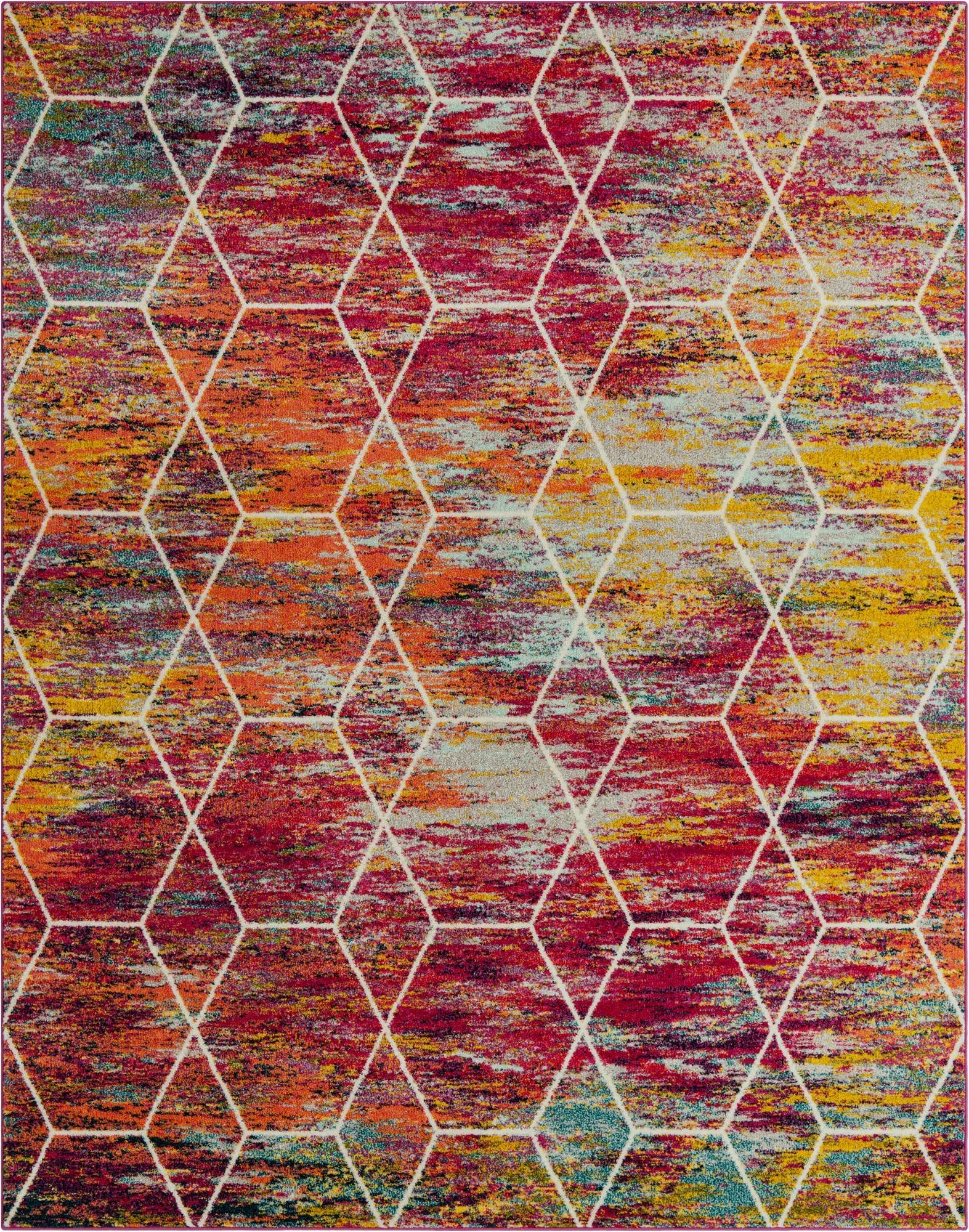 A vibrant 8x10 multi-colored rectangular rug with a modern white trellis pattern over a distressed abstract background, perfect for a living room.