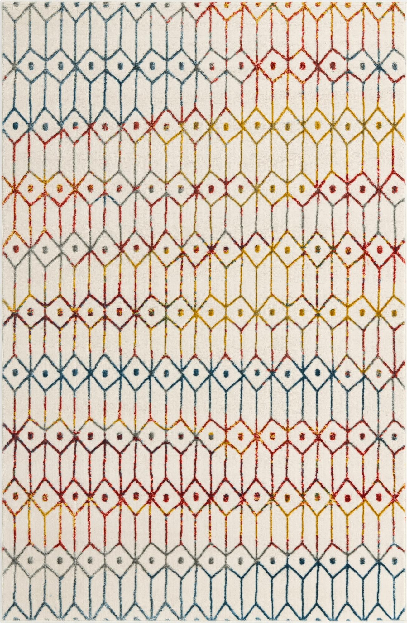 A 5x8 rectangular area rug featuring a multi-colored trellis pattern in blue, red, and yellow on an off-white background.
