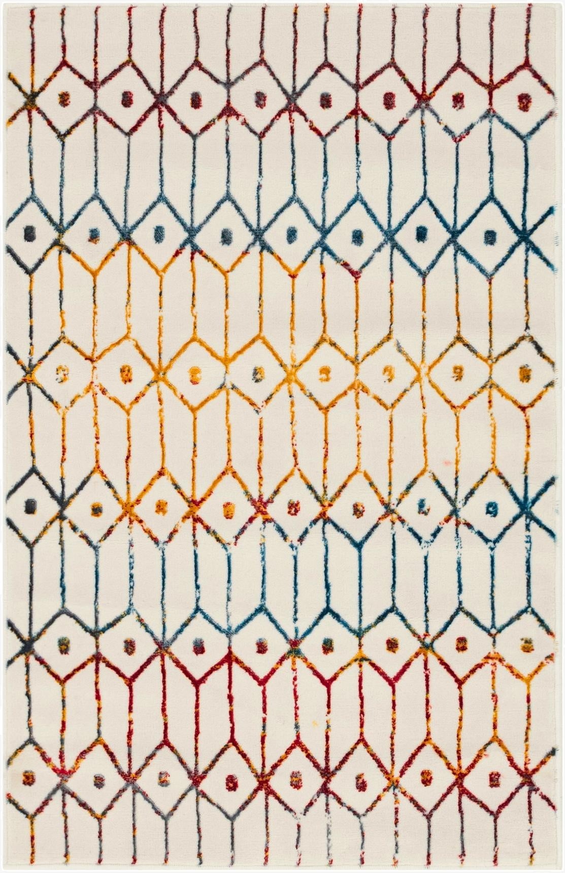 A 3x5 rectangular multi-colored indoor rug featuring a textured trellis pattern in blue, yellow, and red on a white background.