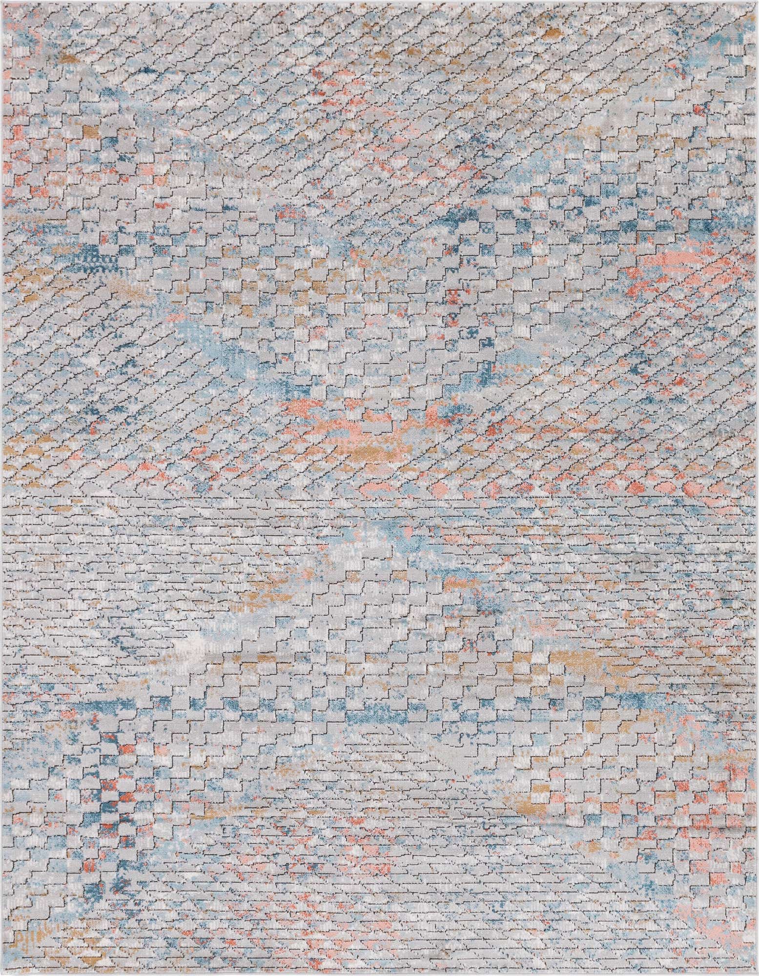 A rectangular 8x11 multi-colored rug with an urban, tribal, modern pattern, featuring shades of light grey, blue, peach, and gold.
