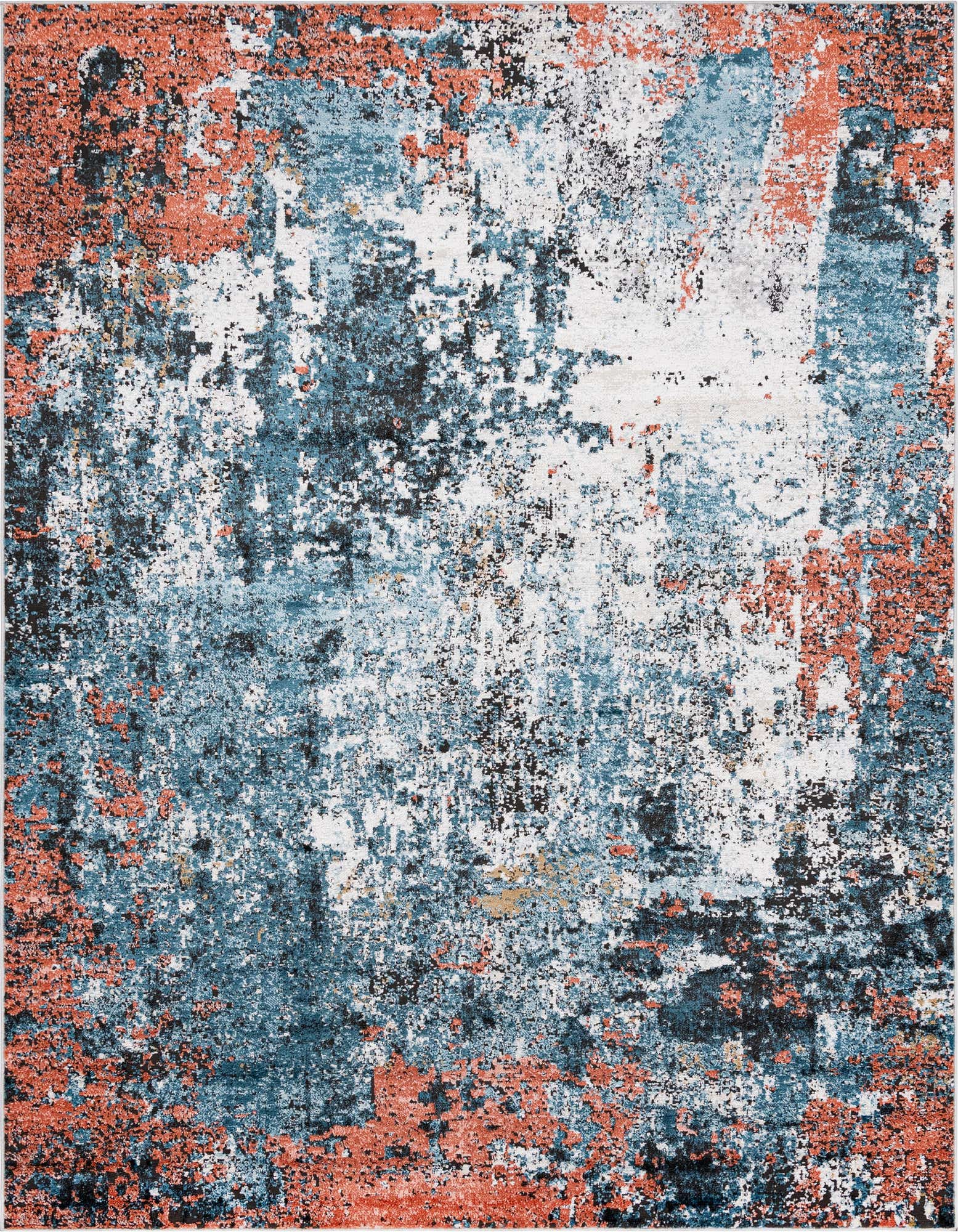 A 7x10 multi-colored rectangular area rug featuring an abstract pattern with shades of blue, white, black, and terracotta.