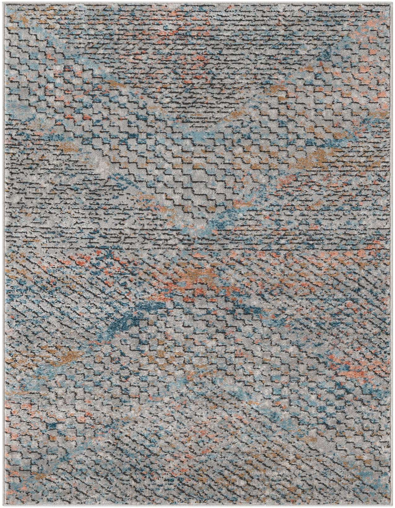 A 3x5 multi-colored rectangular rug with a modern abstract pattern in shades of blue, orange, and gray.