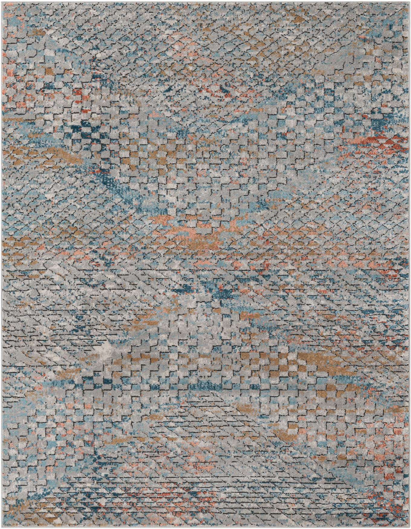 A 6x9 rectangular multi-colored modern abstract rug with textured pile, featuring shades of blue, orange, and gray.