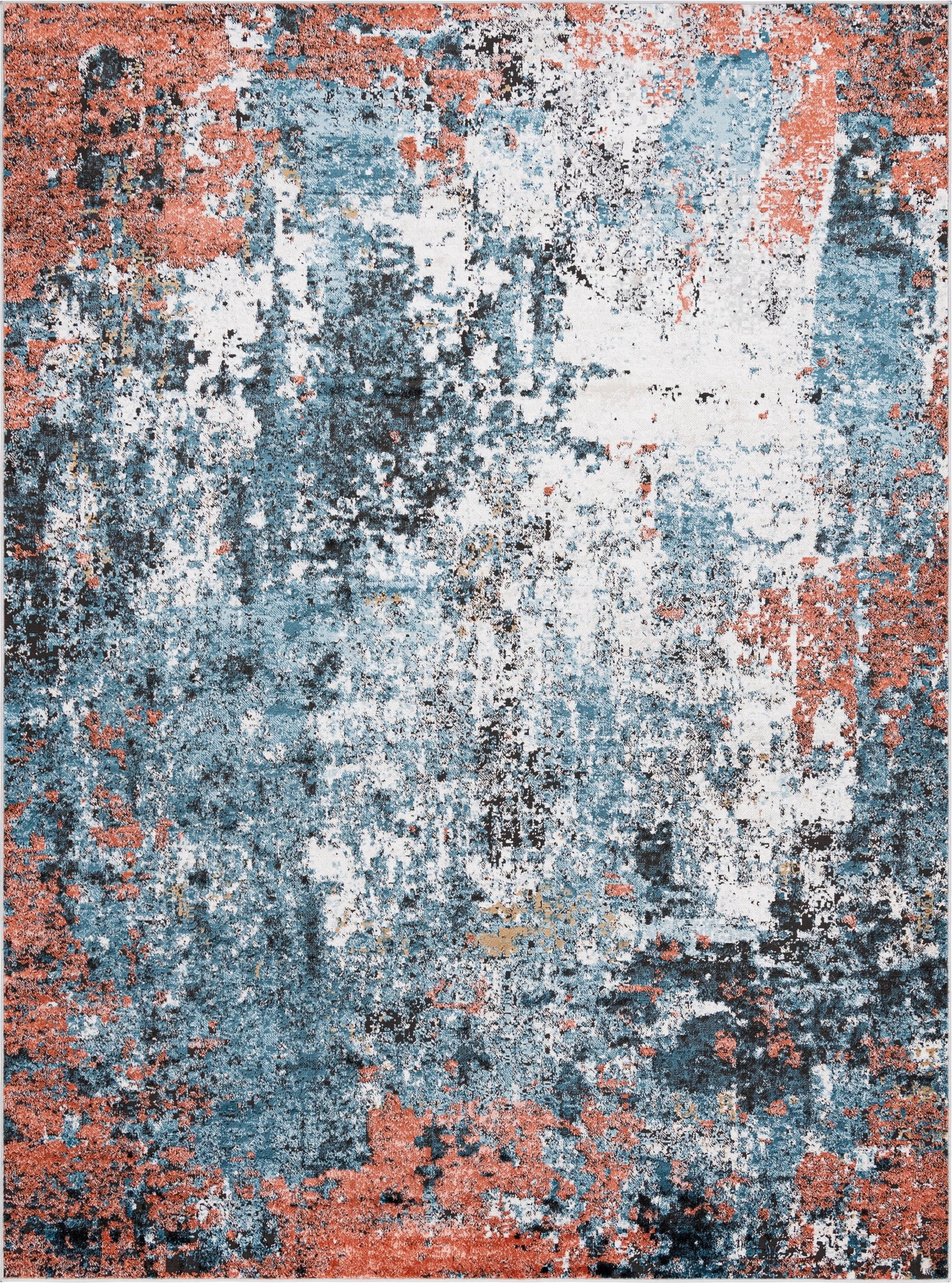 A large 8x11 rectangular area rug featuring an abstract, distressed pattern in multi-colored hues of blue, coral, black, and white.