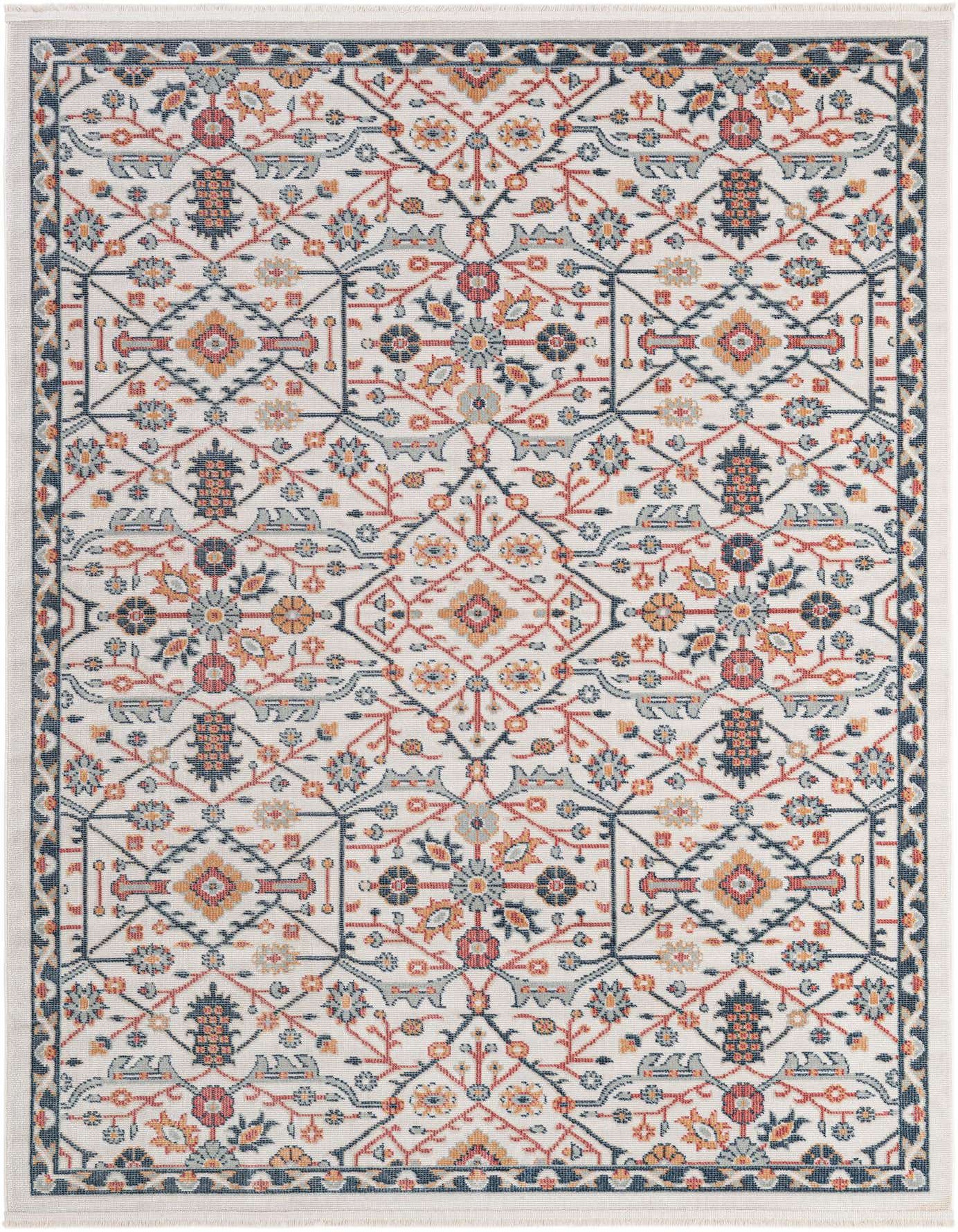 A 5x8 rectangular Lola Collection rug with a multi-colored modern floral pattern on a light background, featuring red, orange, blue, and grey accents.