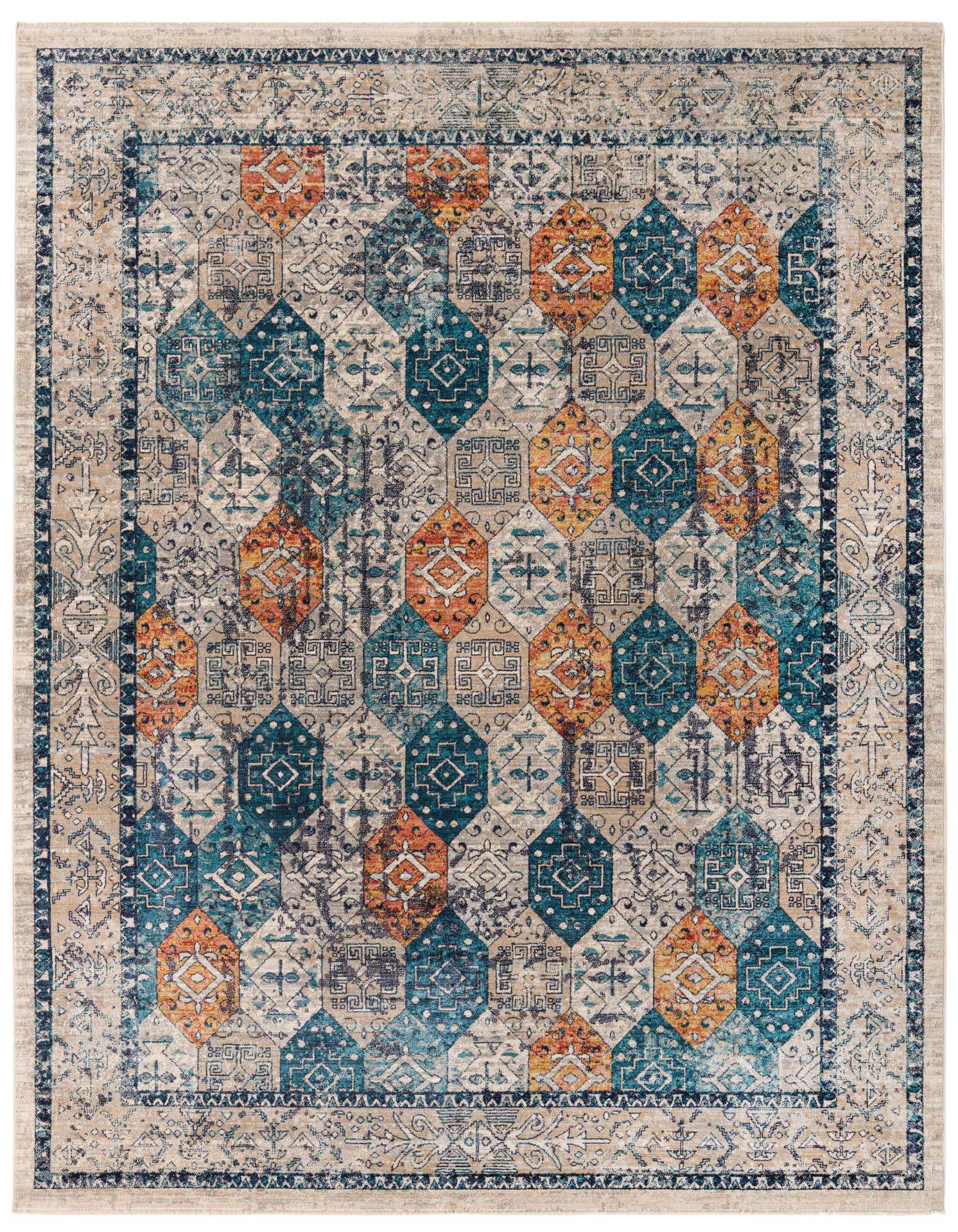 A 9x12 rectangular Lola collection rug by Rugs.com, featuring a multi-colored geometric and abstract pattern with teal, orange, and blue hues on a distressed beige background.