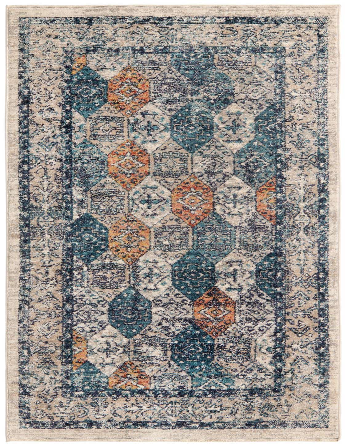 A 3x5 rectangular multi-colored traditional rug with a distressed vintage pattern in blues, oranges, and beige.