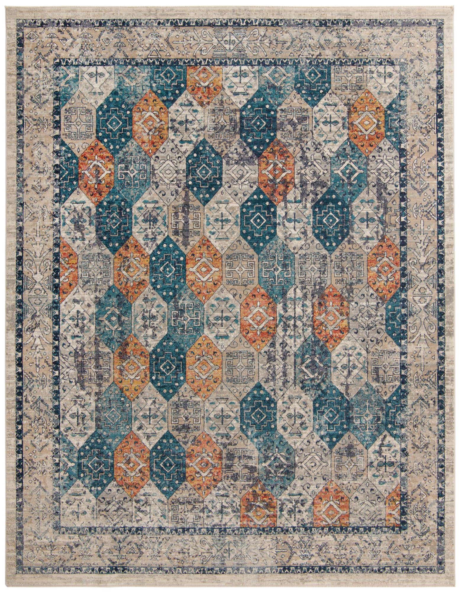 A 10x12 rectangular Lola rug featuring a distressed traditional pattern with blue, orange, and beige geometric motifs.