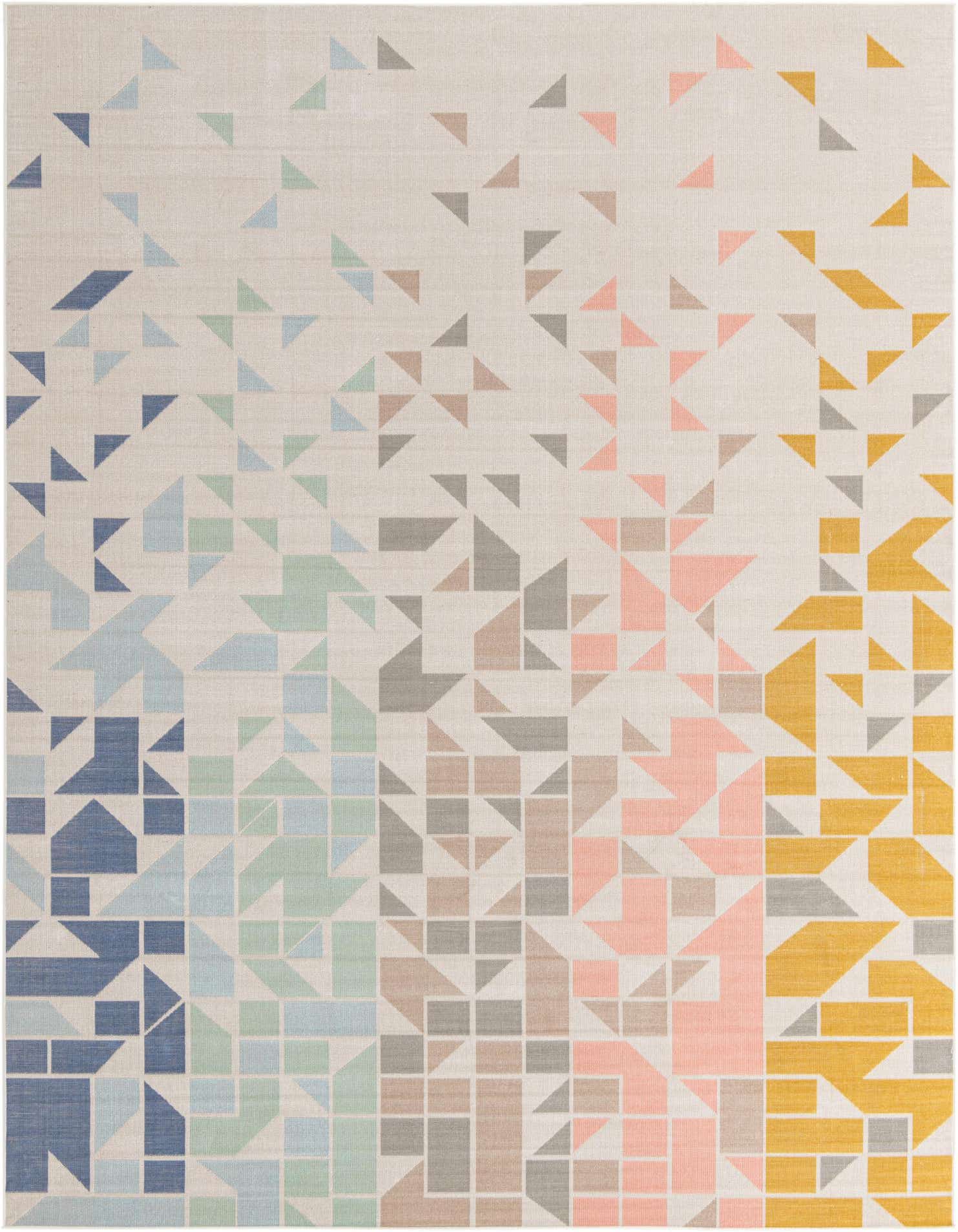 A 9x12 rectangular multi-colored rug with a modern abstract geometric pattern of triangles and squares in blue, green, grey, pink, and yellow on a light background.