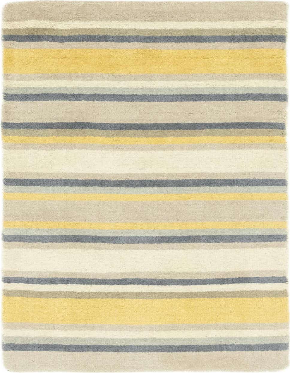 A 3x5 rectangular Luna Collection wool rug featuring horizontal stripes in varying shades of yellow, grey, and cream.