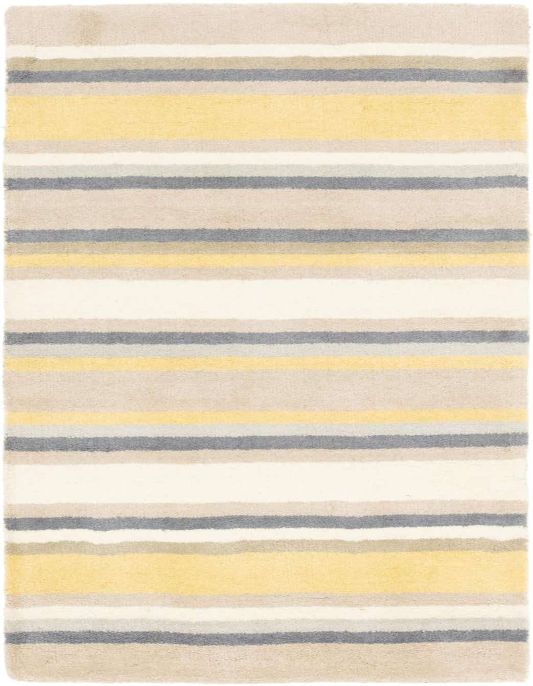 A 3x5 rectangular Luna collection rug featuring horizontal stripes in varying shades of yellow, gray, beige, and off-white.