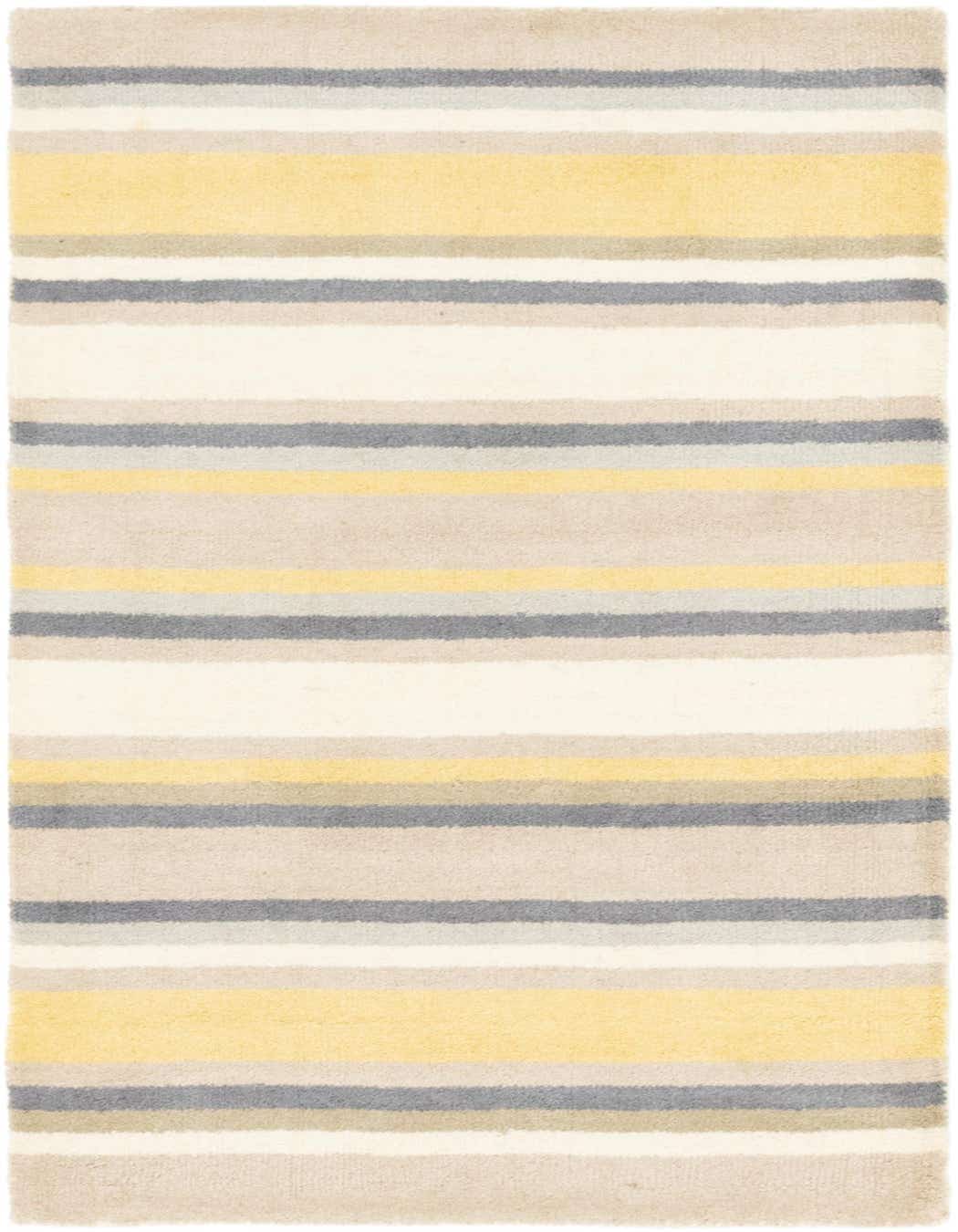 A 3x5 rectangular Luna collection rug with horizontal stripes in varying shades of yellow, grey, and cream.