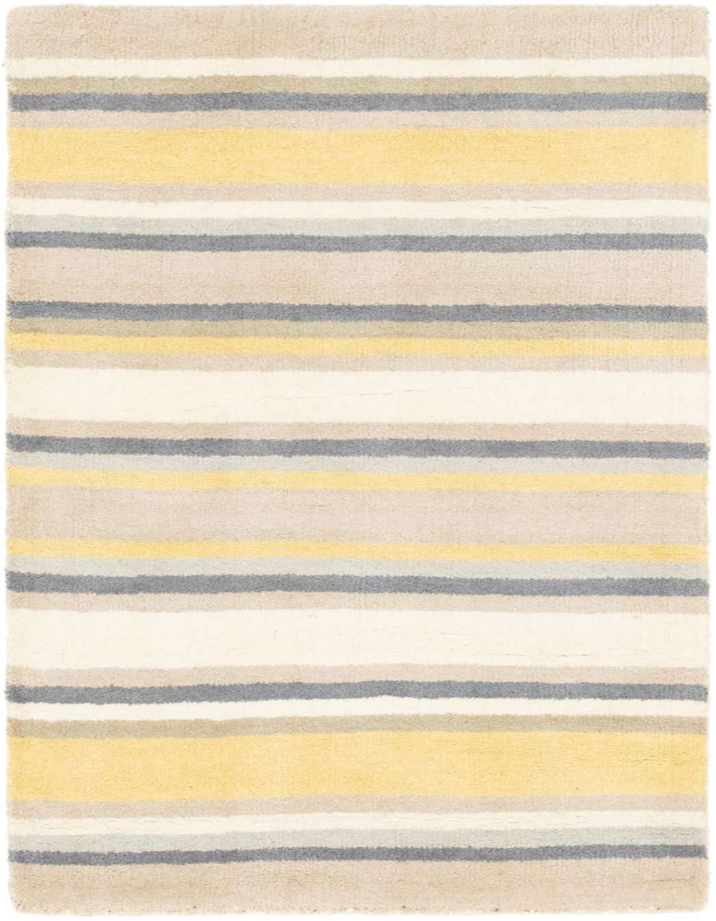 A soft 3x5 rectangular wool rug featuring horizontal stripes in varying shades of yellow, grey, cream, and beige.