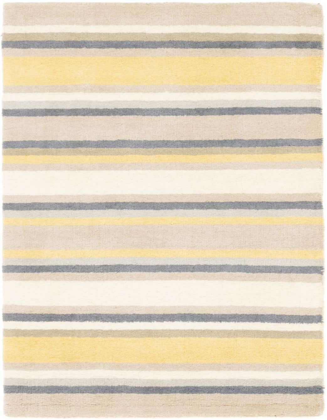A 3x5 rectangular Luna rug featuring horizontal stripes in varying widths of yellow, grey, beige, and off-white, showcasing its high pile texture.