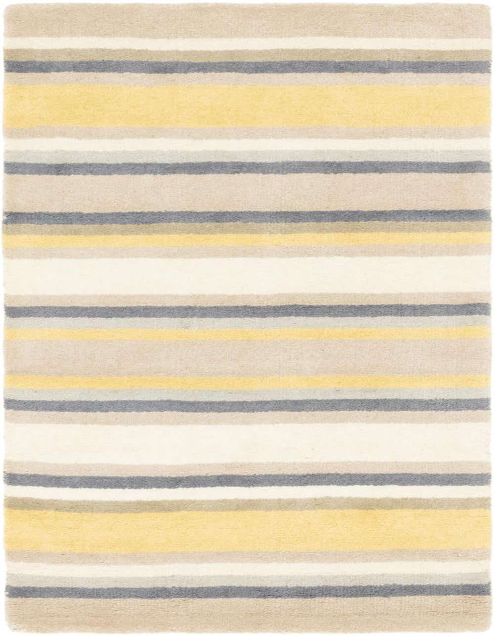 A 3x5 rectangular Luna Collection wool rug featuring horizontal stripes in varying shades of yellow, grey, beige, and cream.