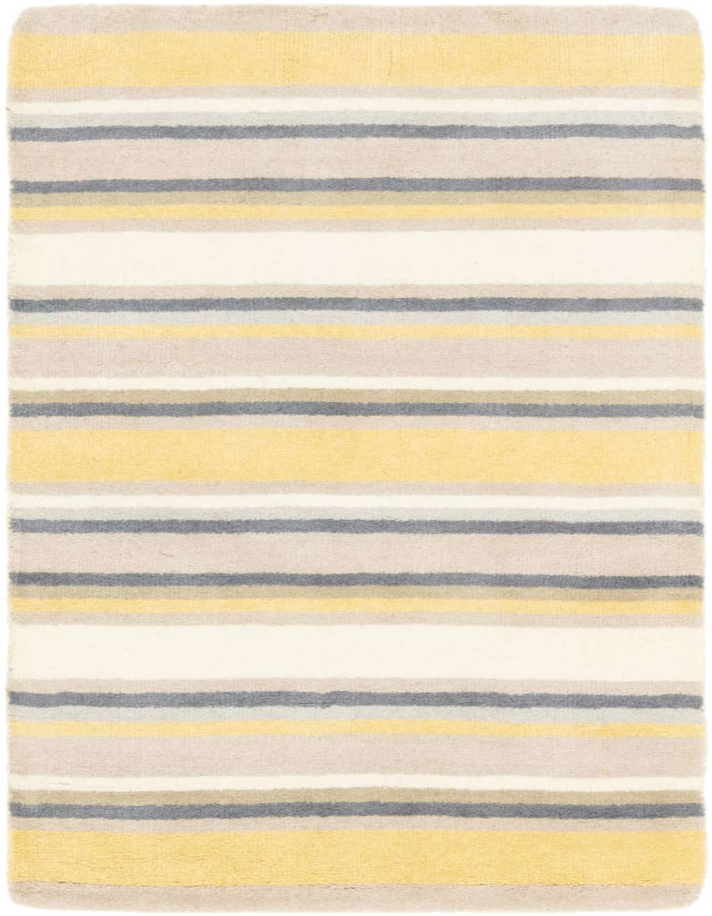 A soft, rectangular 3x5 wool rug featuring horizontal stripes in varying widths of yellow, cream, beige, and gray.