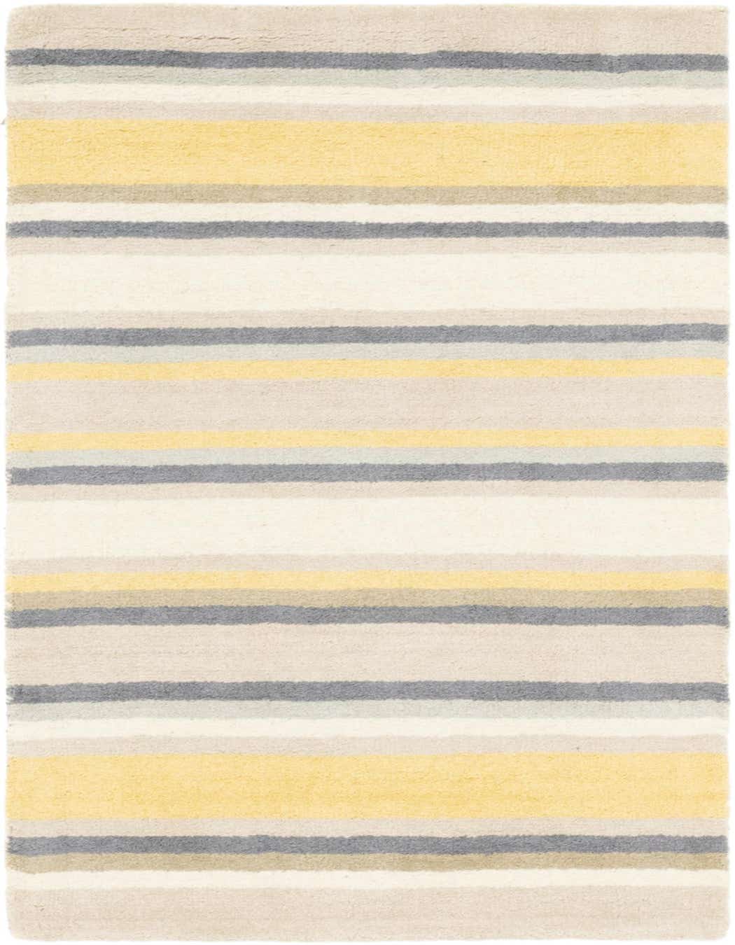 A 3x5 rectangular Luna collection wool rug featuring horizontal stripes in shades of yellow, gray, and cream.