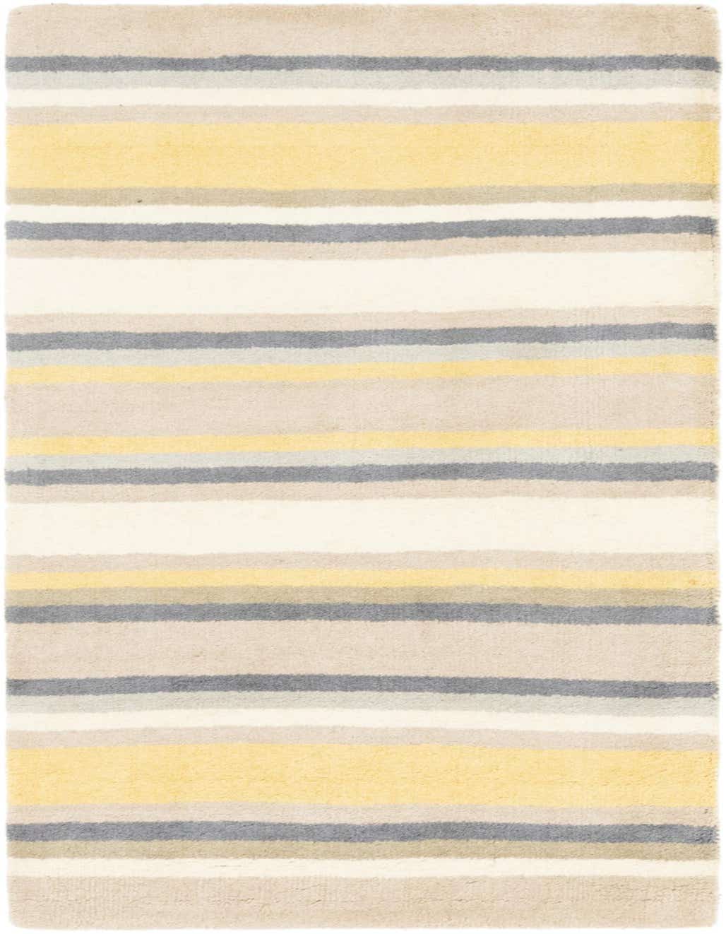A 3x5 rectangular Luna rug featuring horizontal stripes in varying shades of yellow, gray, and cream.