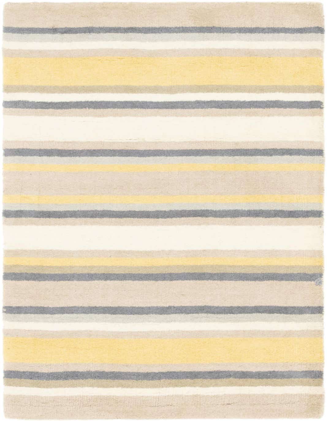 A rectangular 3x5 Luna rug featuring horizontal stripes in varying widths of yellow, grey, off-white, and beige.