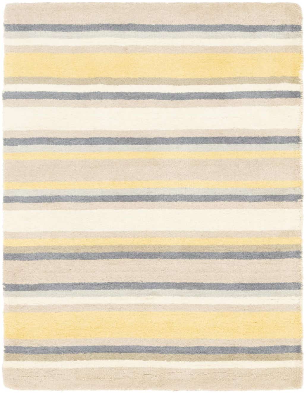 A rectangular 3x5 wool rug featuring horizontal stripes in varying widths of cream, light gray, beige, and yellow.