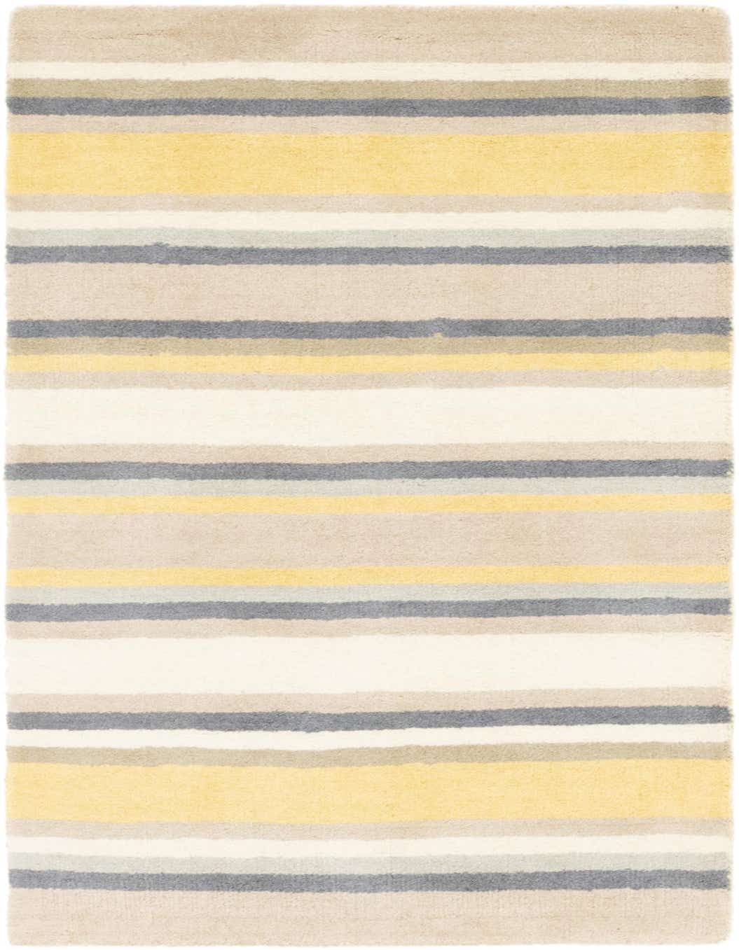 A 3x5 rectangular Luna rug with horizontal stripes in varying shades of yellow, beige, cream, and gray.