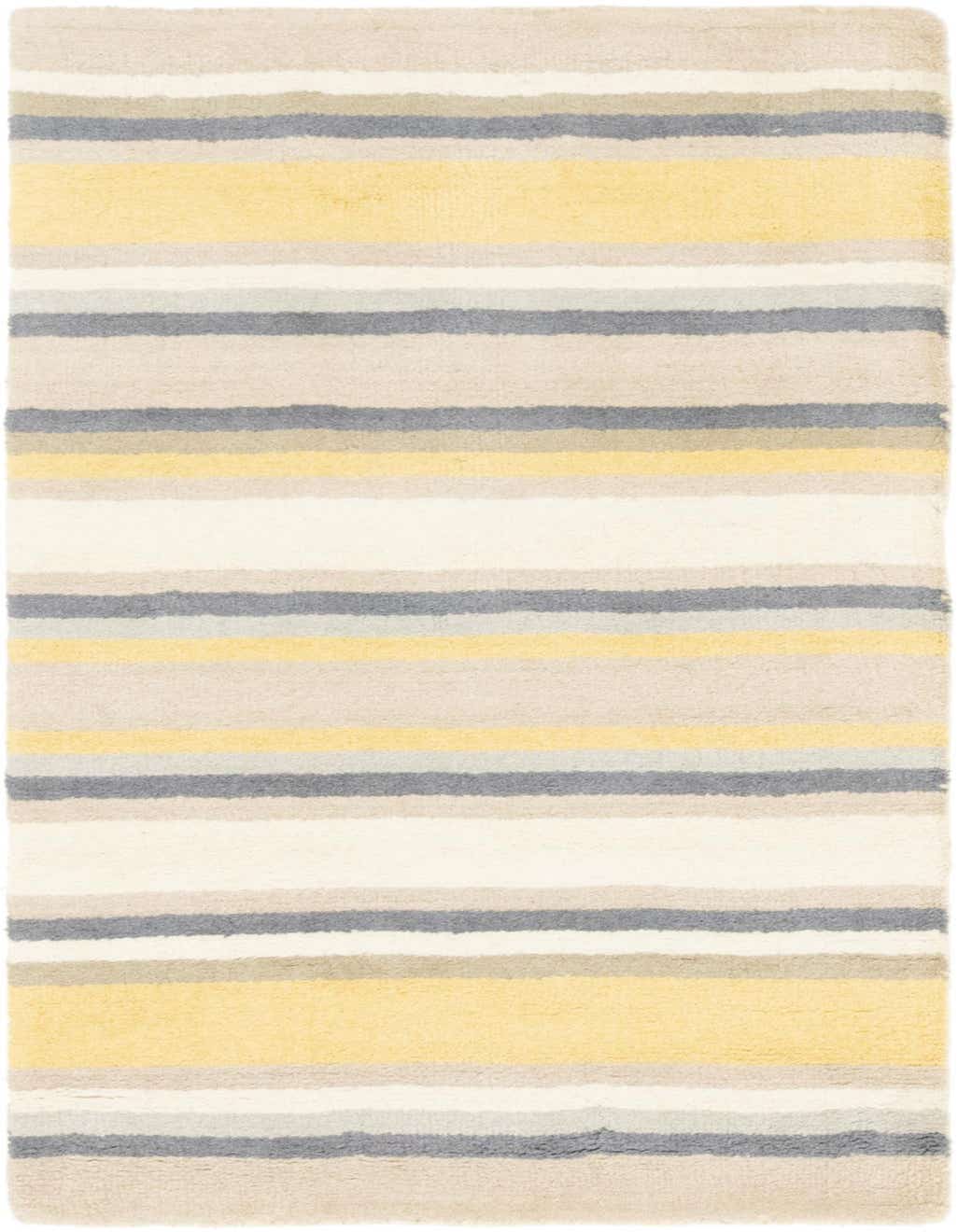 A rectangular 3x5 wool rug featuring horizontal stripes in varying widths of yellow, grey, beige, and off-white.