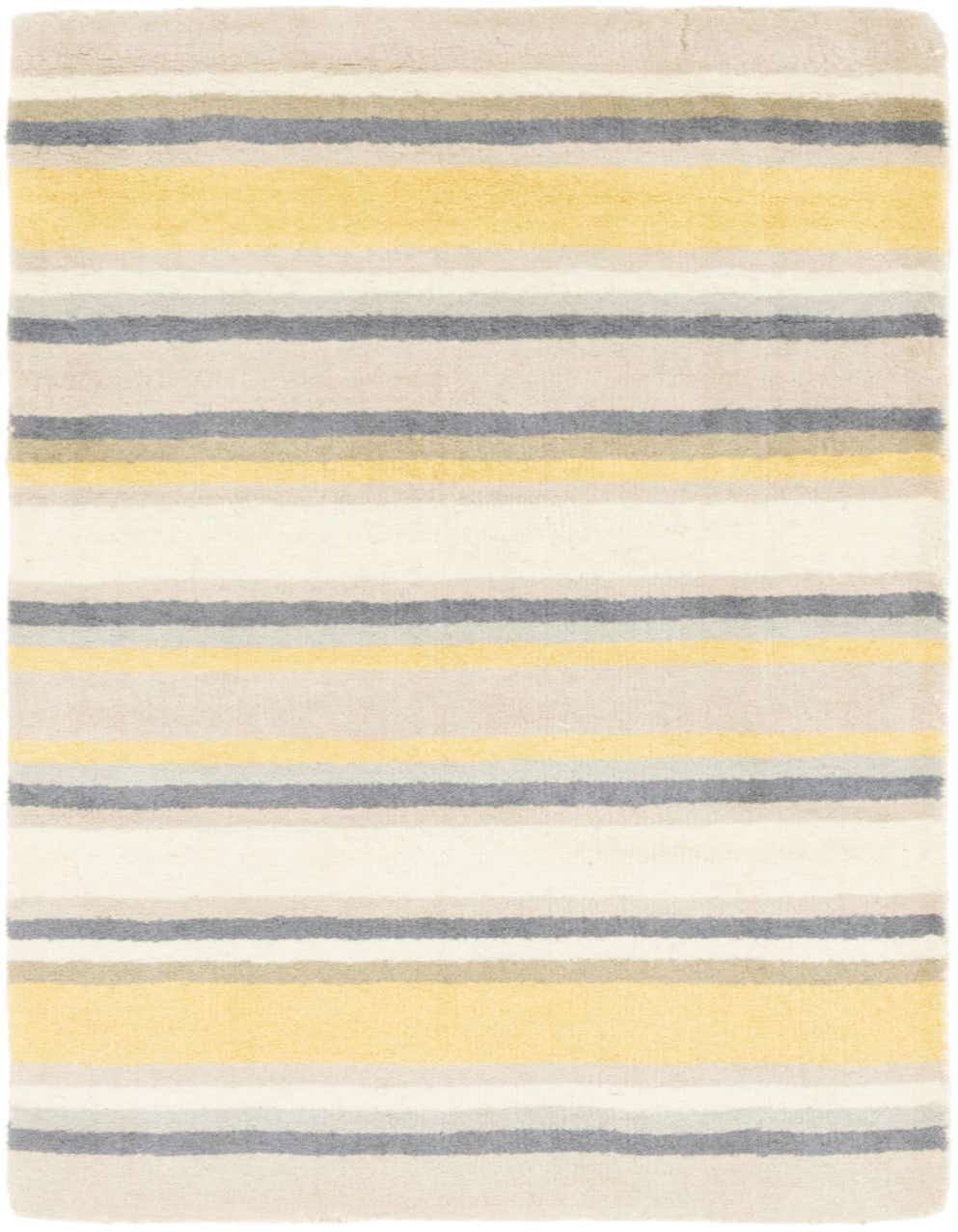 A soft, rectangular 3x5 Luna rug featuring horizontal stripes in varying widths of yellow, grey, and cream colors.