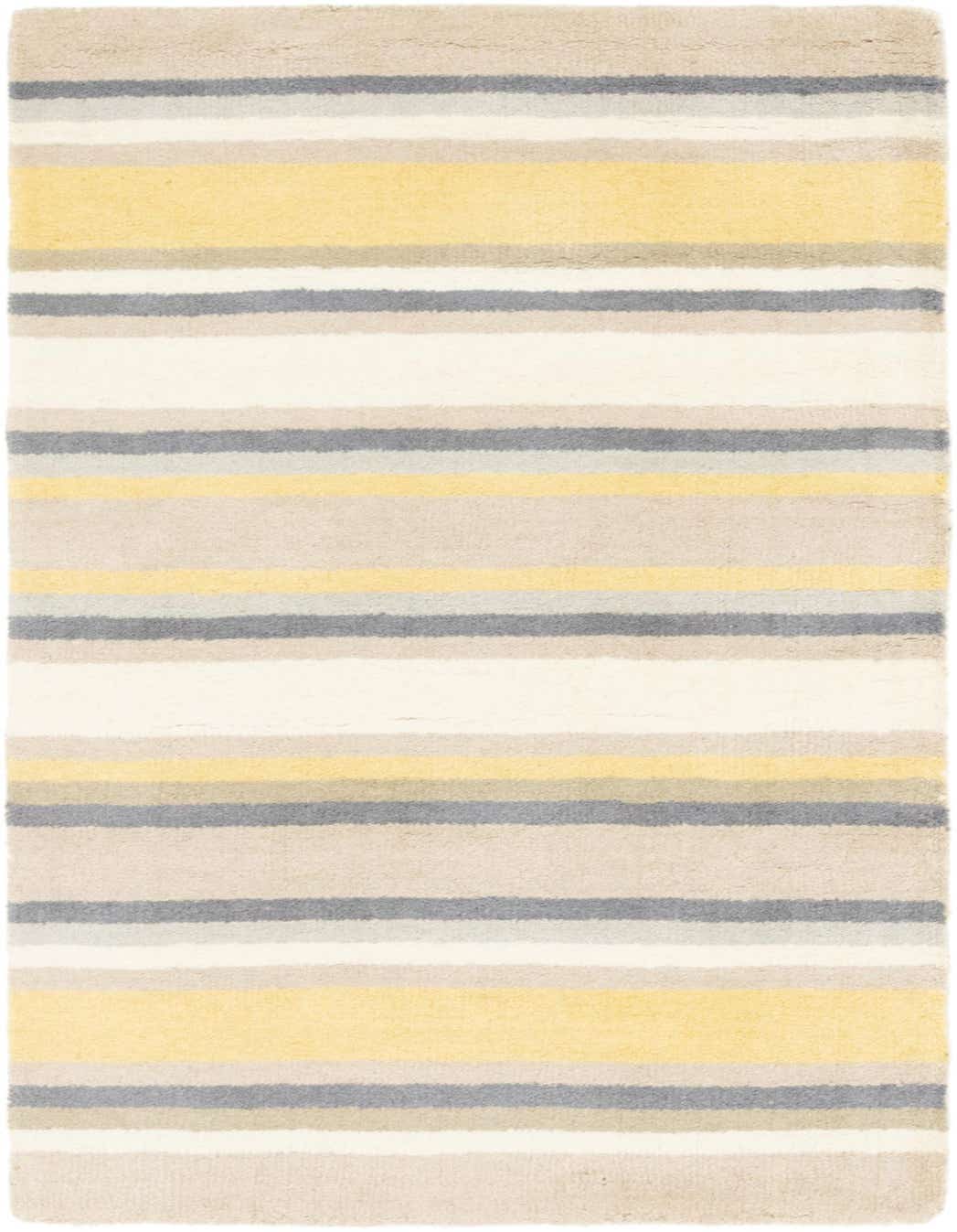 A 3x5 rectangular Luna rug with a multi-colored stripe pattern, featuring bands of yellow, cream, beige, and grey wool.