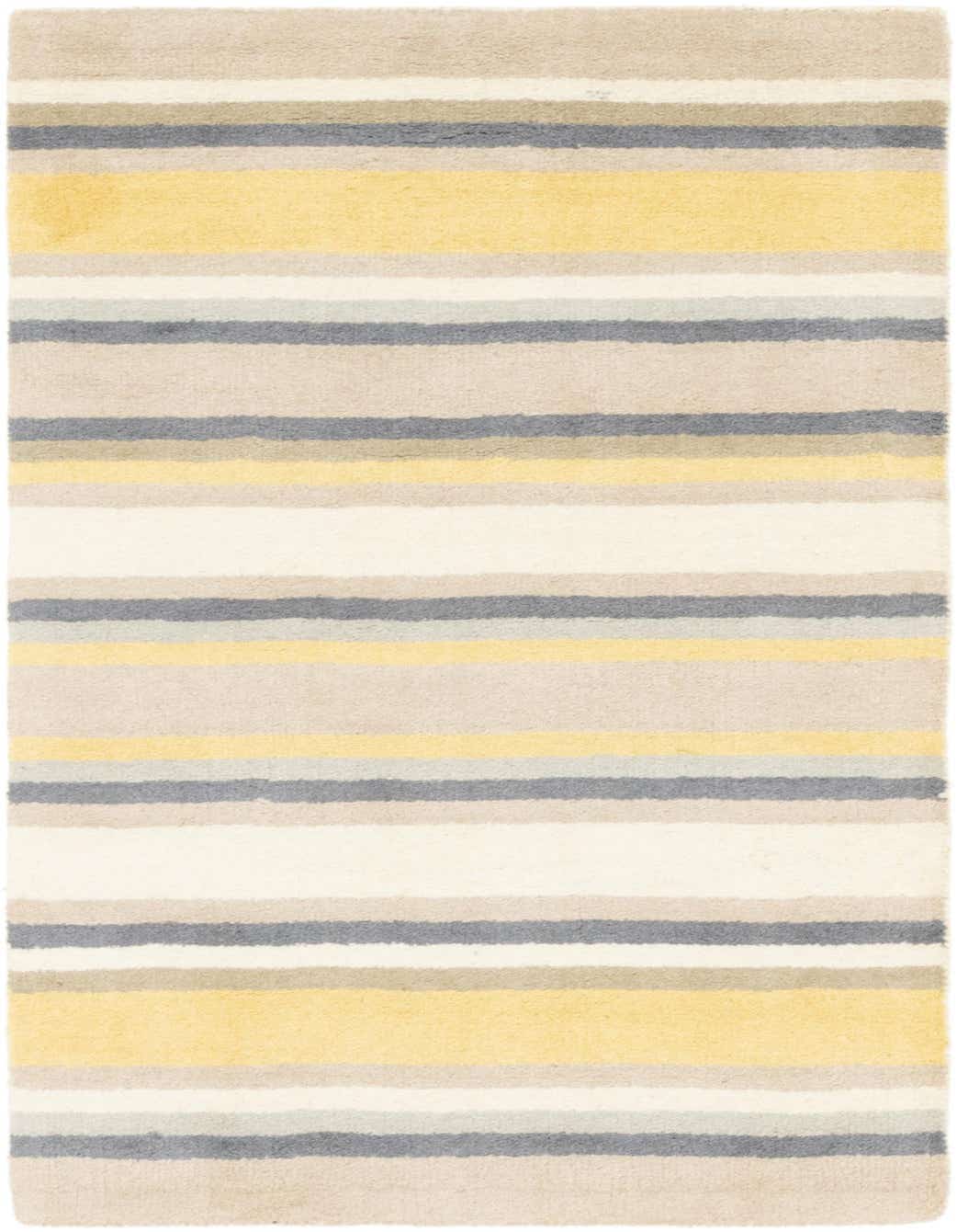 A 3x5 rectangular Luna rug with horizontal stripes in varying widths of yellow, grey, beige, and off-white.