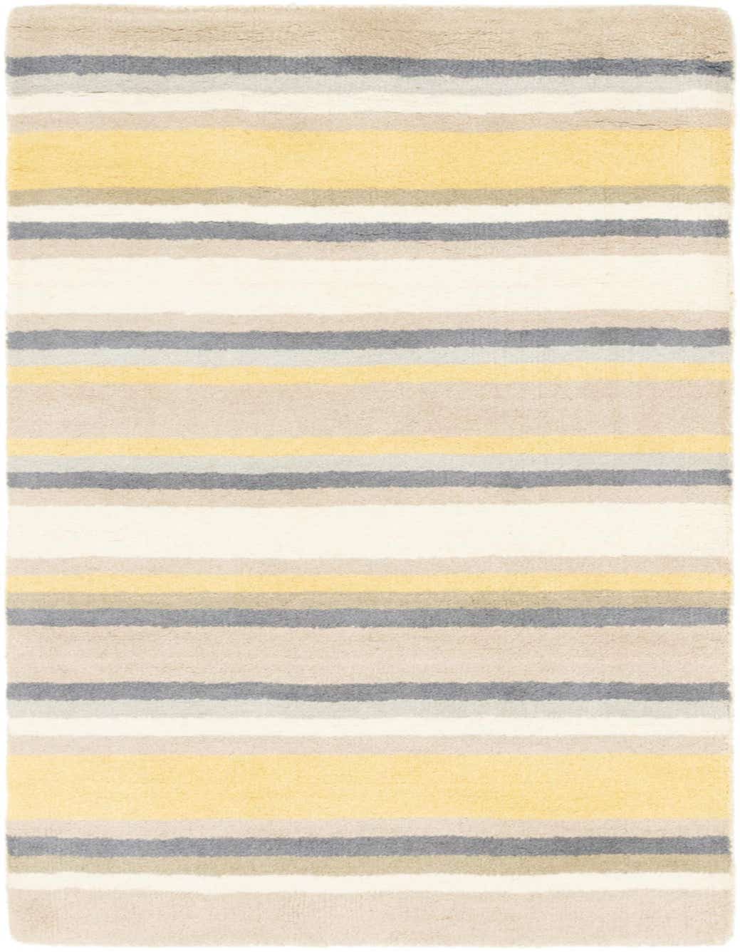 A 3x5 rectangular Luna rug featuring horizontal stripes in varying shades of yellow, grey, and cream.