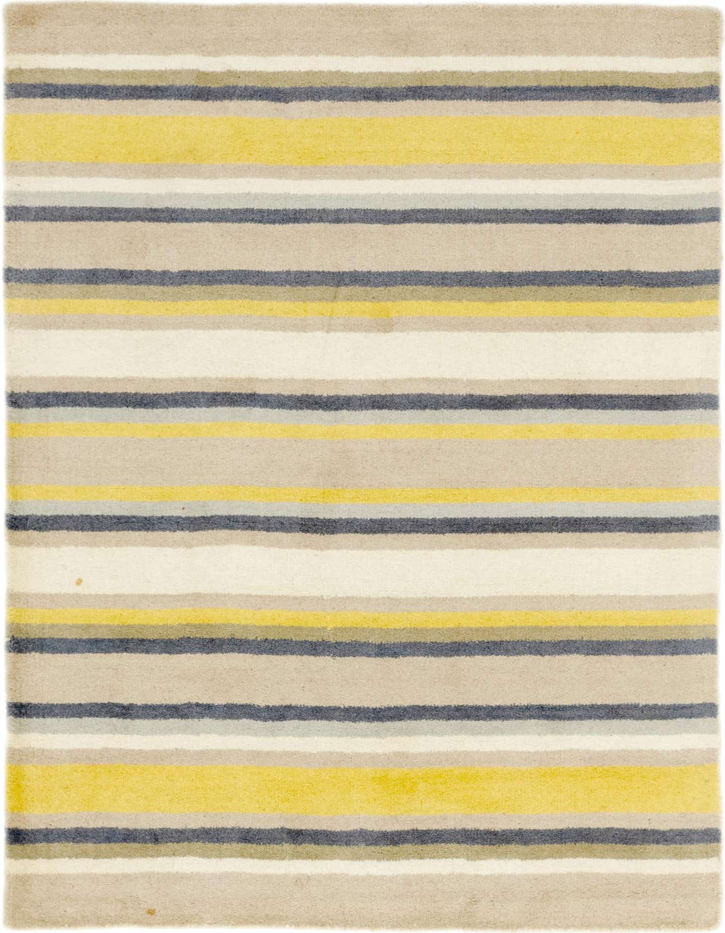 A 4x6 rectangular Luna rug featuring horizontal stripes in varying widths of yellow, grey, beige, and off-white.