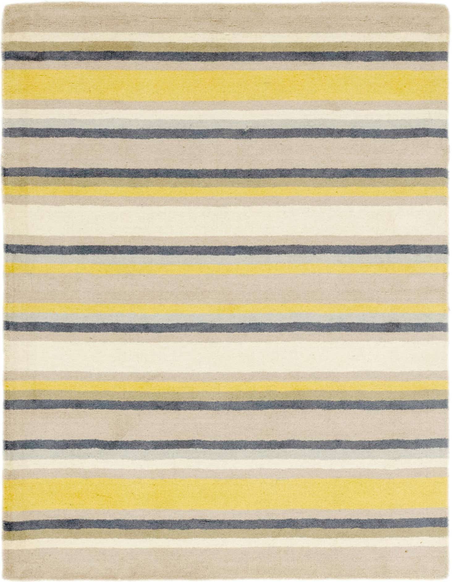 A 4x6 rectangular Luna rug featuring horizontal stripes in varying shades of yellow, grey, and cream.