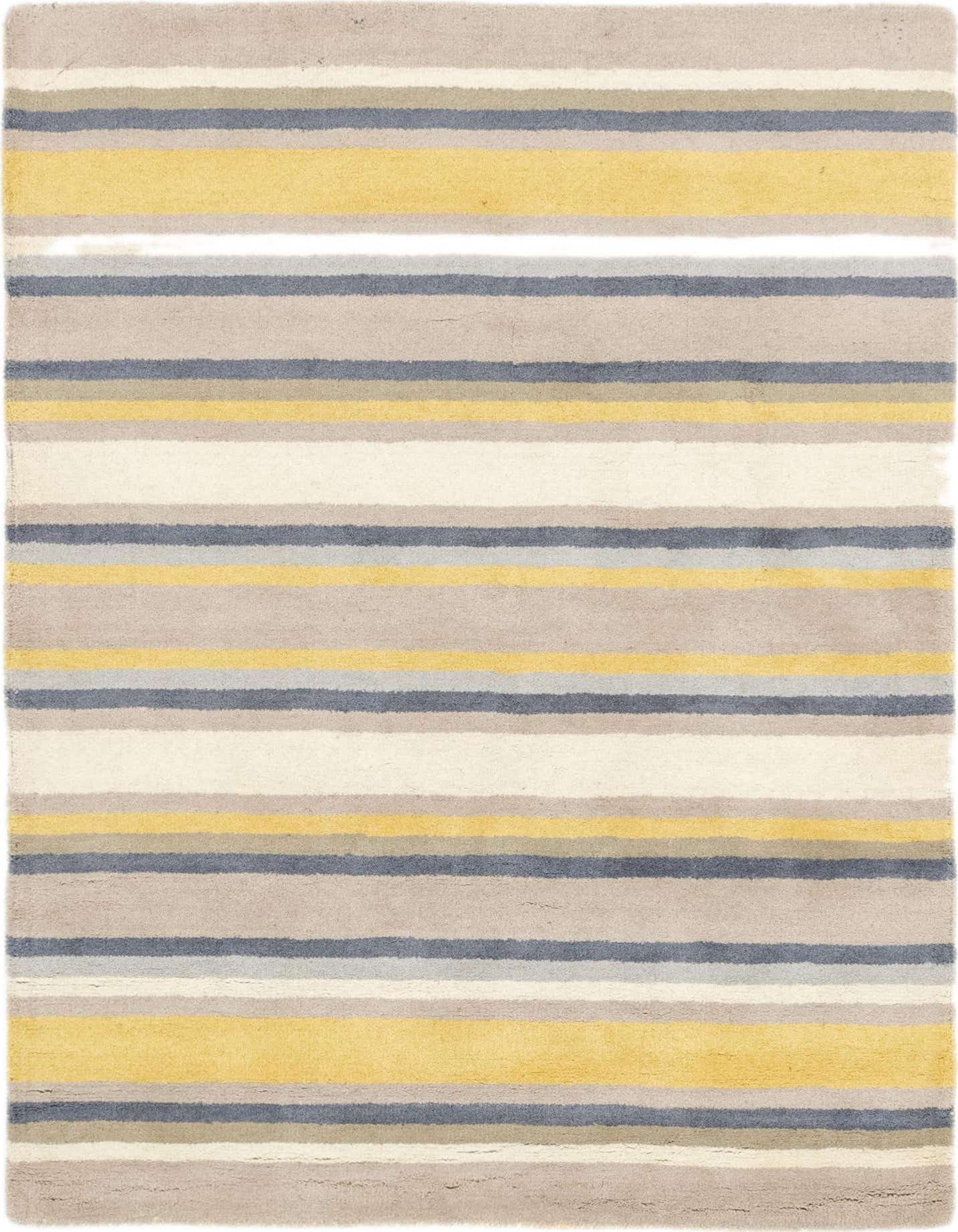 A 4x6 rectangular Luna rug featuring modern stripes in varying widths of yellow, grey, off-white, and beige.