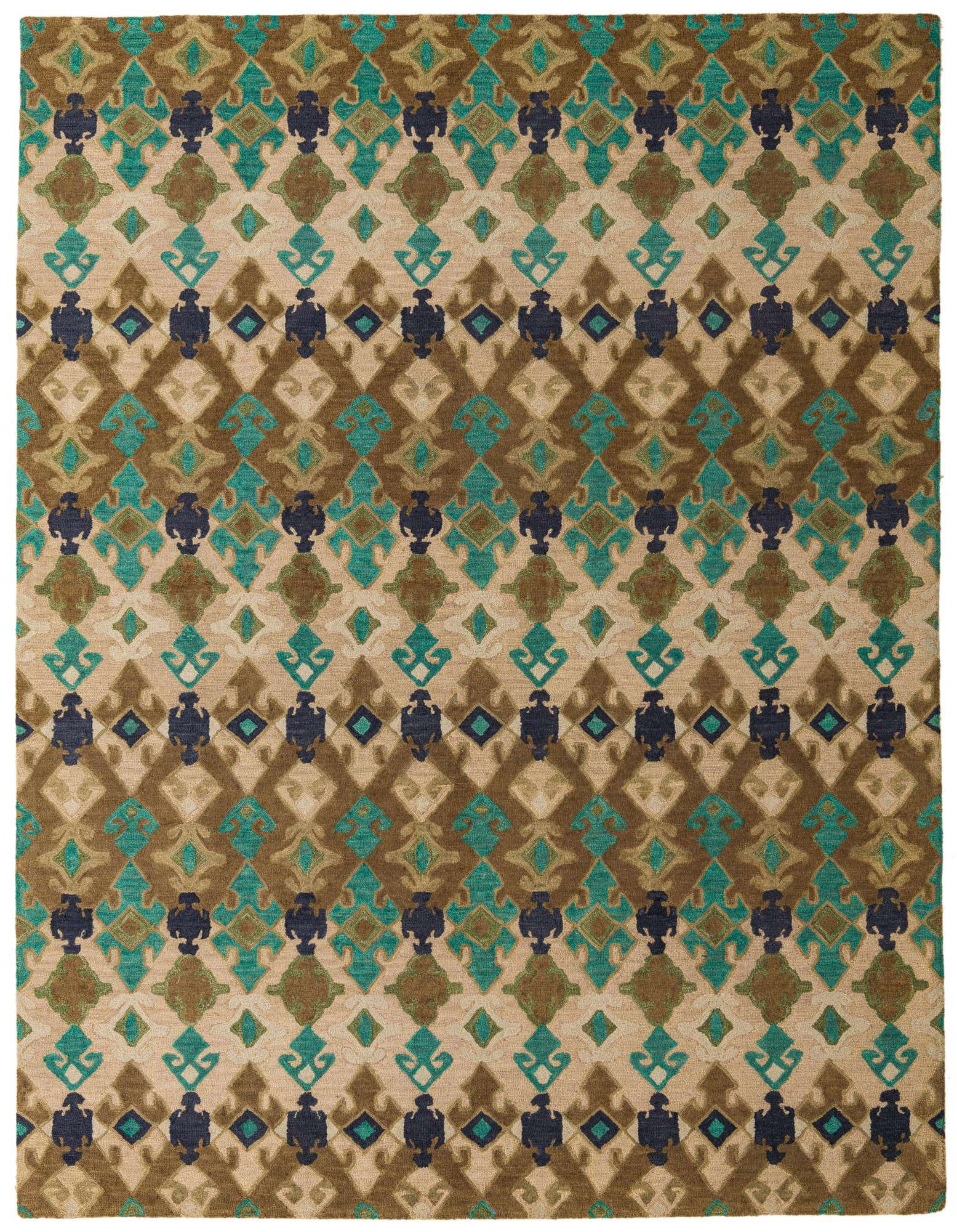A rectangular 8x10 Luna rug featuring a modern abstract pattern in multi-colored hues of beige, brown, teal, and navy.