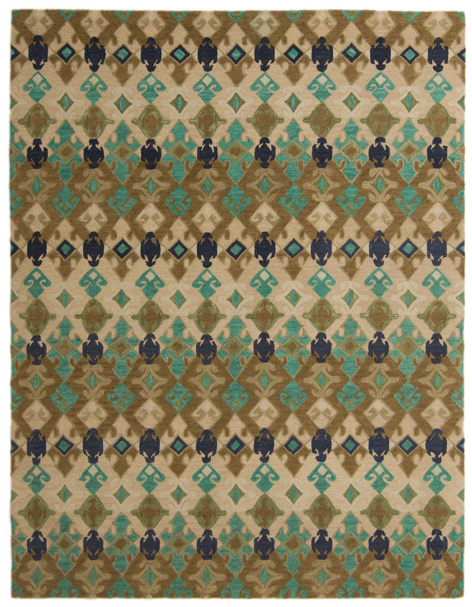 A rectangular 8x10 Luna Collection rug with a modern abstract pattern in multi-colored wool and cotton.