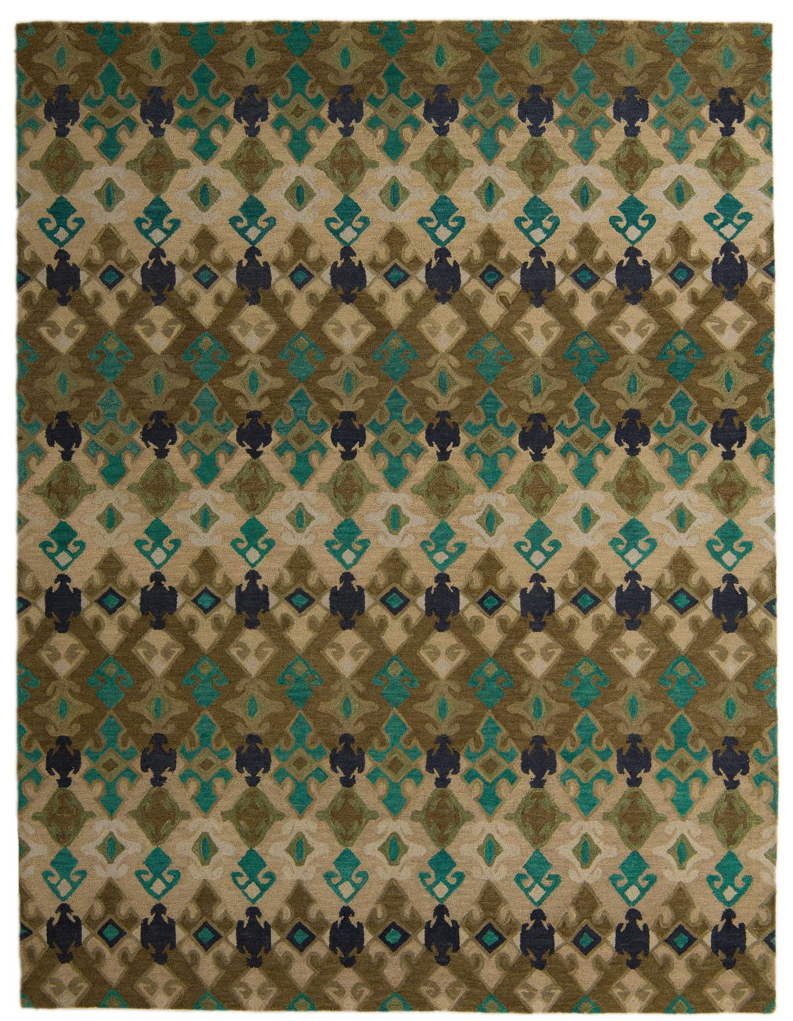A rectangular 8x10 Luna rug with a modern abstract pattern in multi-colored hues of teal, olive green, dark blue, and beige.