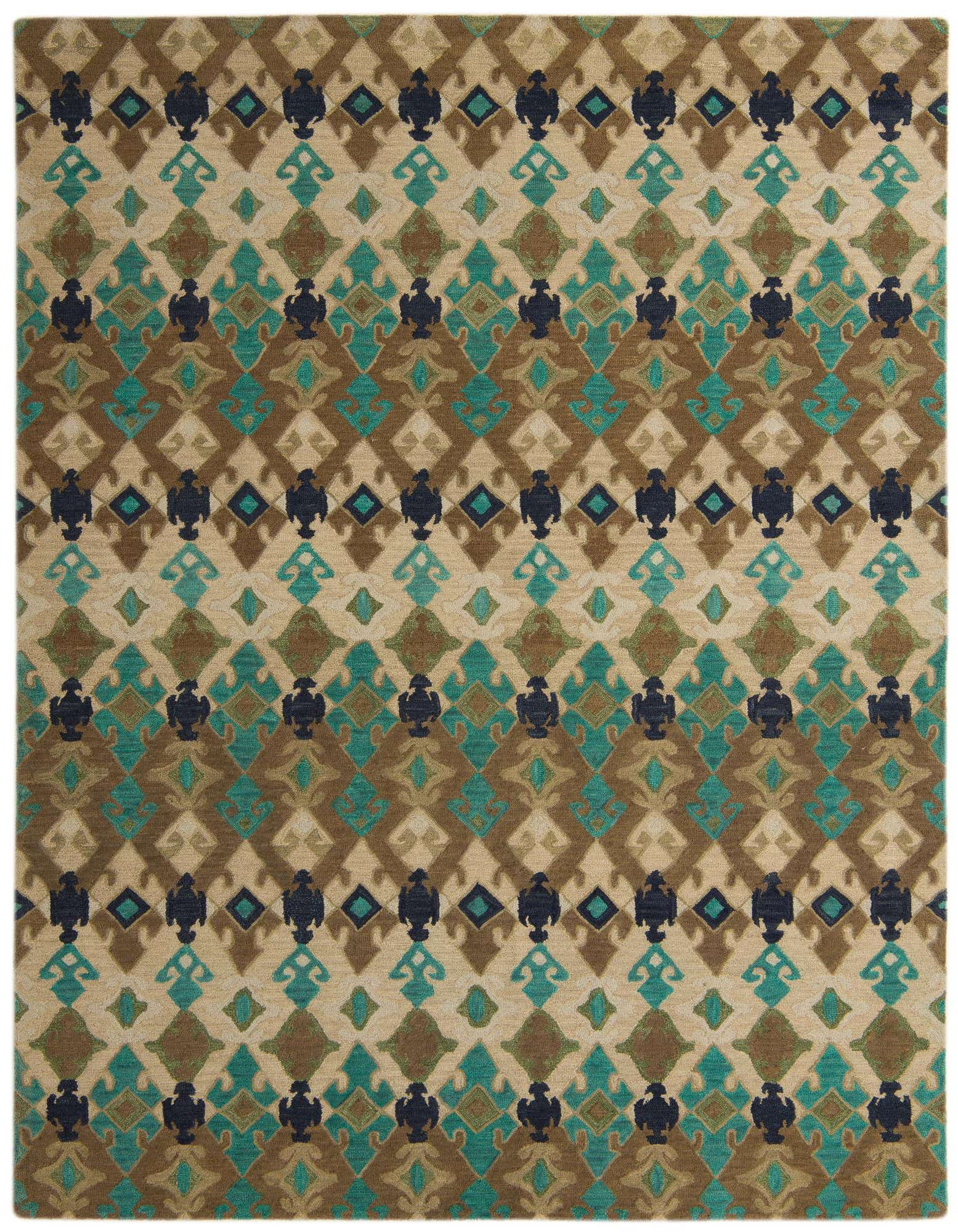 A rectangular 8x10 Luna rug featuring a multi-colored modern abstract pattern in shades of teal, brown, beige, and navy.