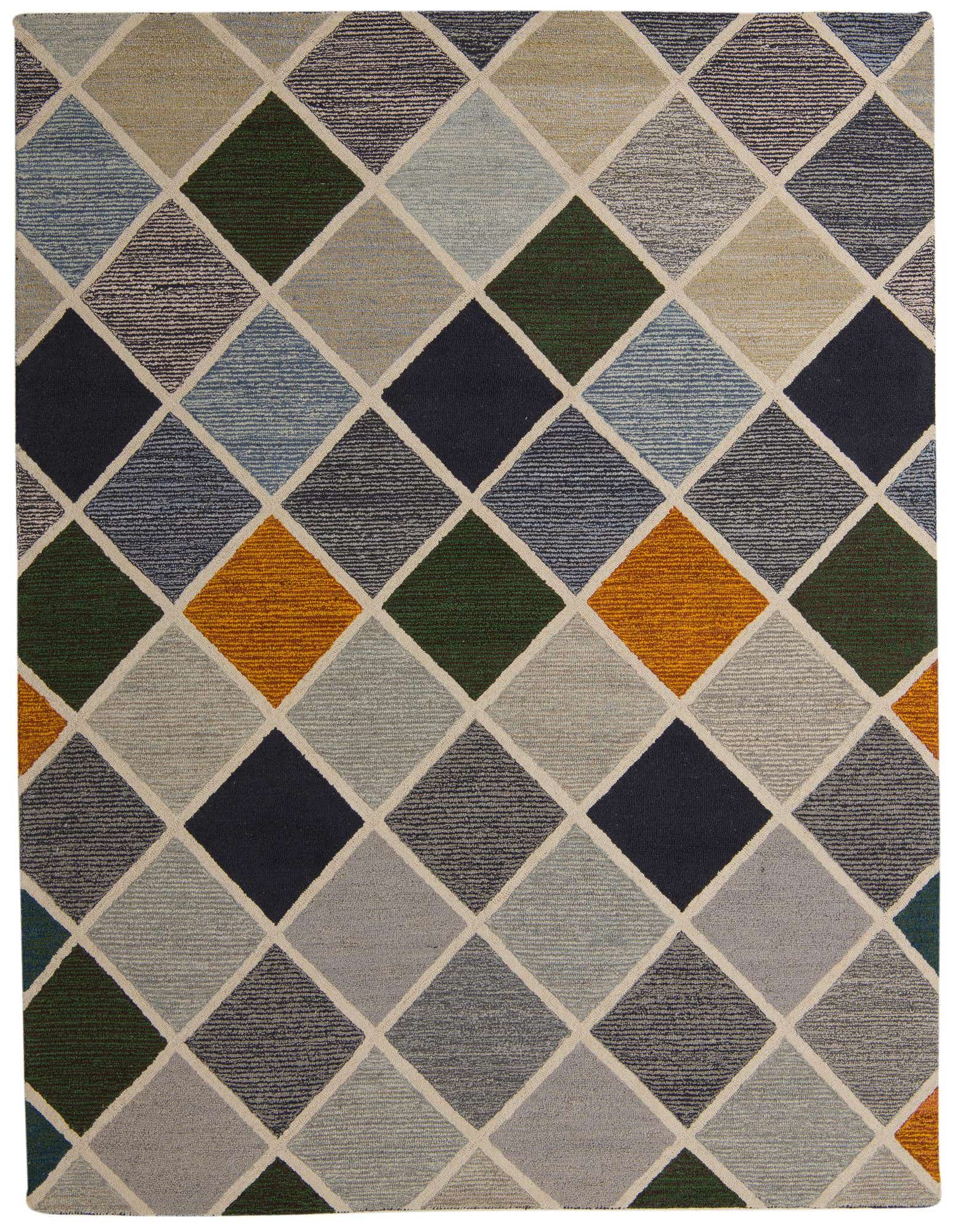 8x10 rectangular Luna rug with a modern multi-colored argyle pattern in blue, green, gold, and gray.