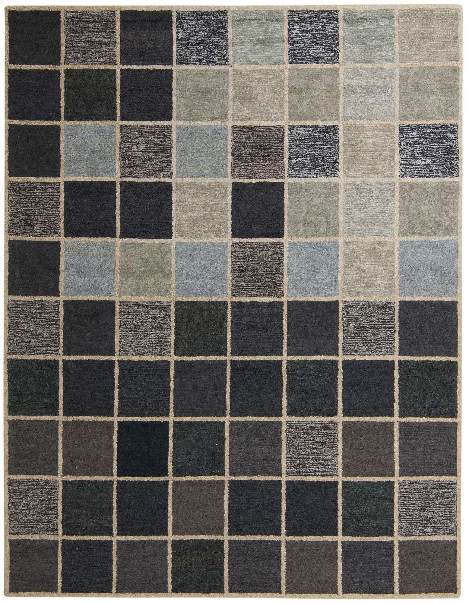 A rectangular 8x10 Luna rug featuring a modern, abstract grid pattern with squares in varying shades of multi-colored wool and cotton.