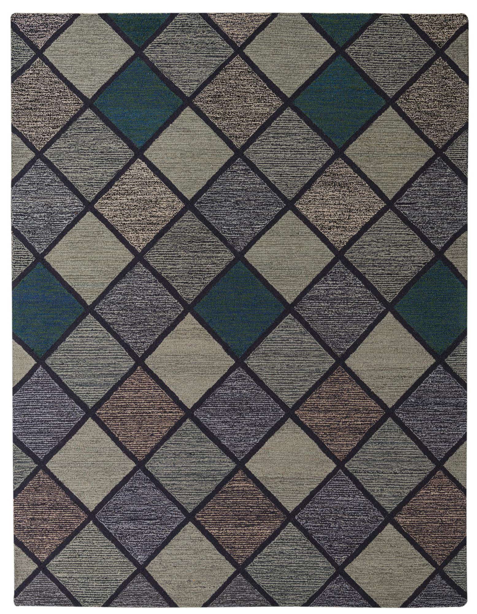 A rectangular 8x10 Luna rug featuring a multi-colored modern argyle pattern with shades of green, blue, brown, and grey diamonds.