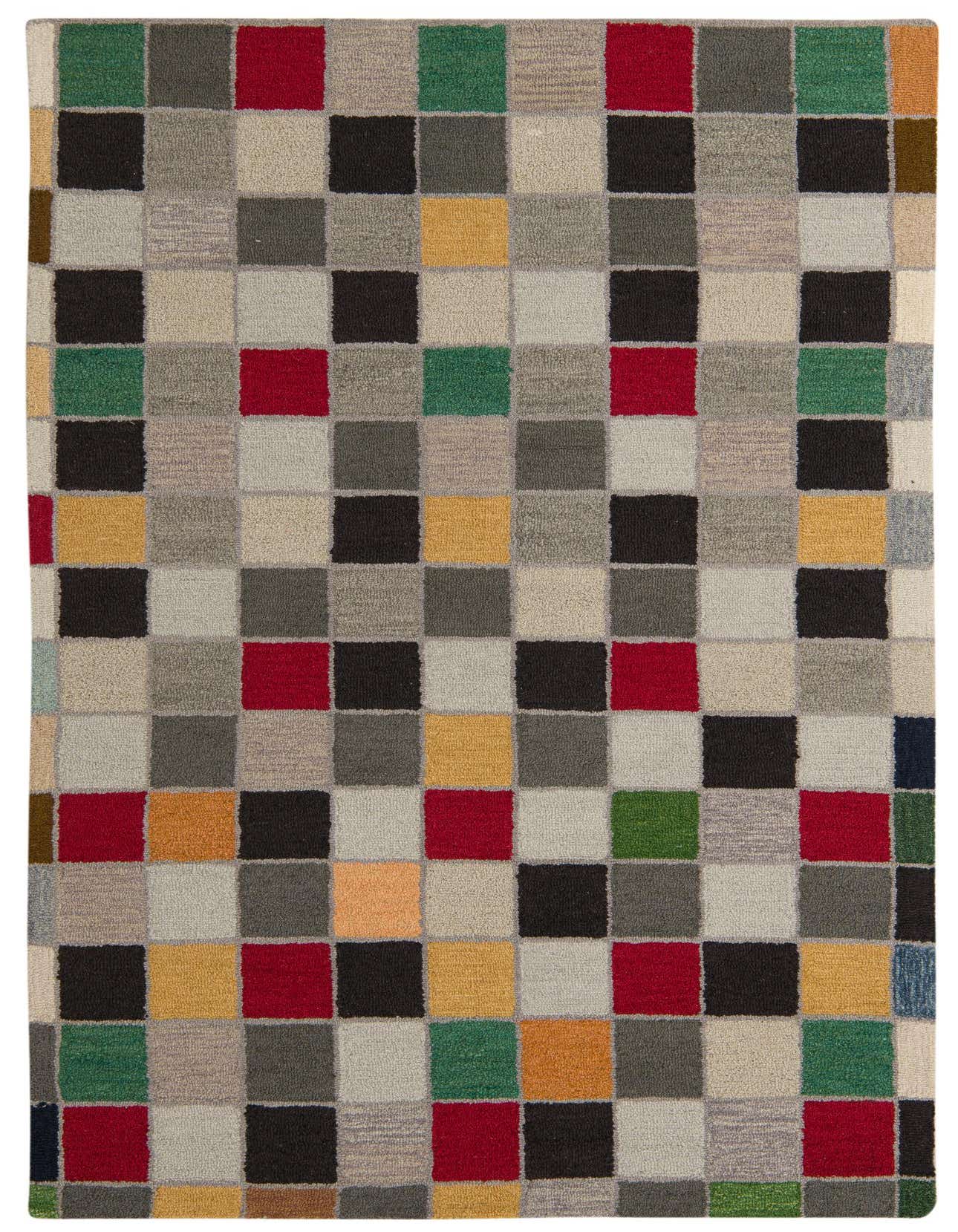 A 5x8 rectangular Luna area rug from Rugs.com featuring a modern, abstract multi-colored checkerboard pattern with high pile.