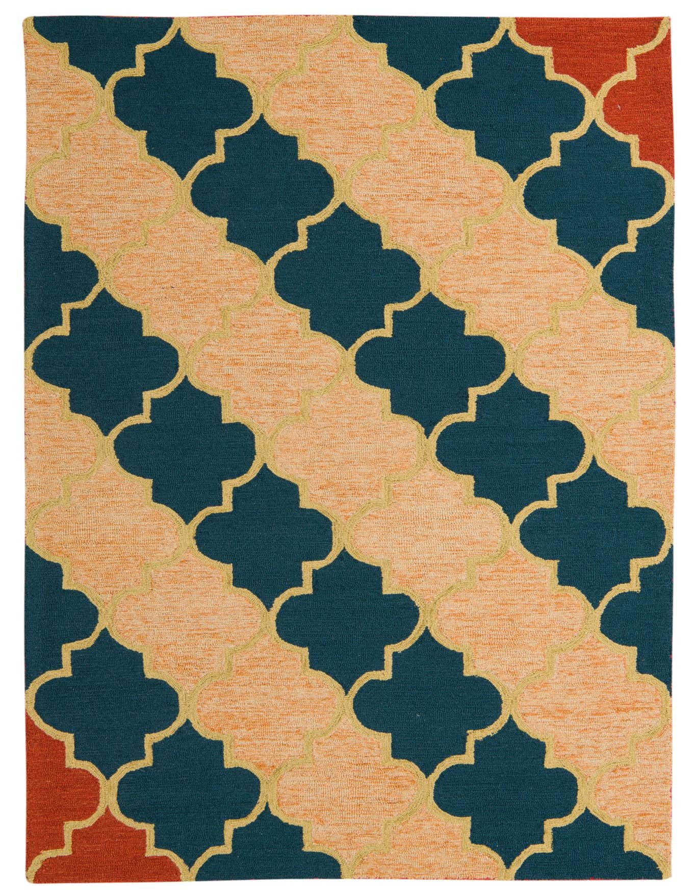 A 5x8 rectangular Luna rug featuring a multi-colored modern abstract pattern with teal quatrefoils outlined in yellow against an orange background, with hints of red in the corners.