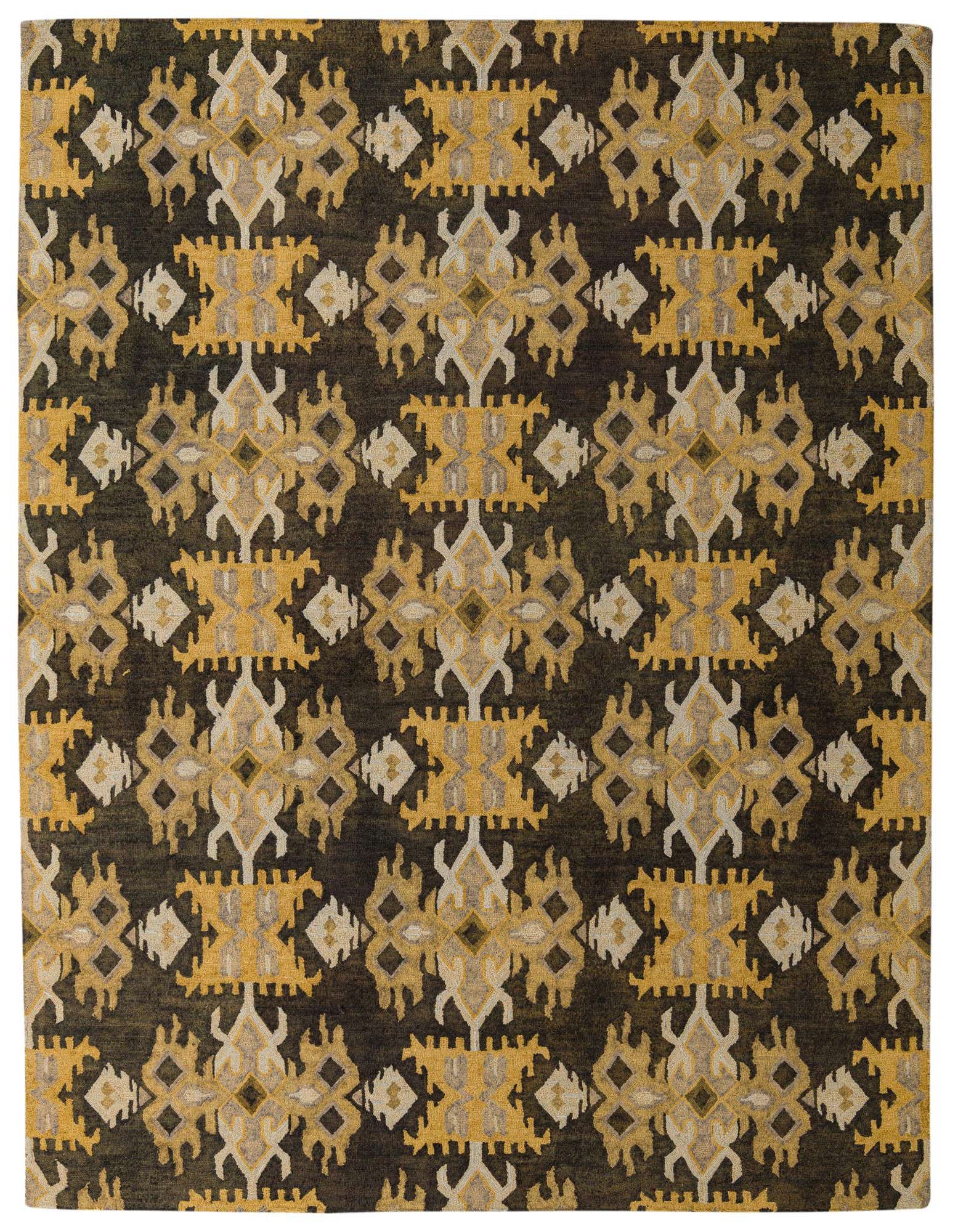 A rectangular 8x10 Luna rug featuring a modern abstract pattern in multi-colored hues of gold, beige, and dark brown.