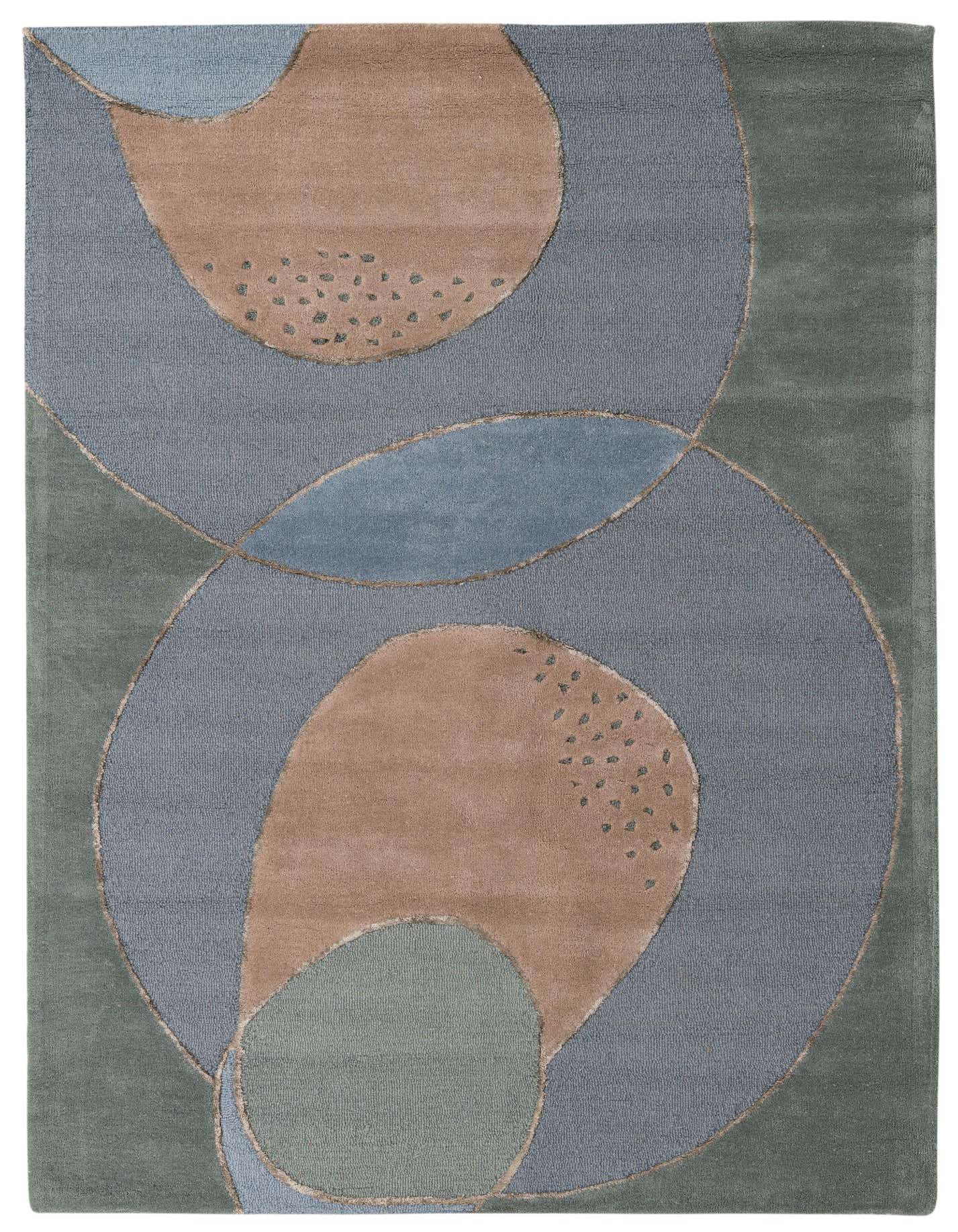 A rectangular 5x8 Luna rug featuring a modern abstract design with large overlapping shapes in blue, brown, and green tones.